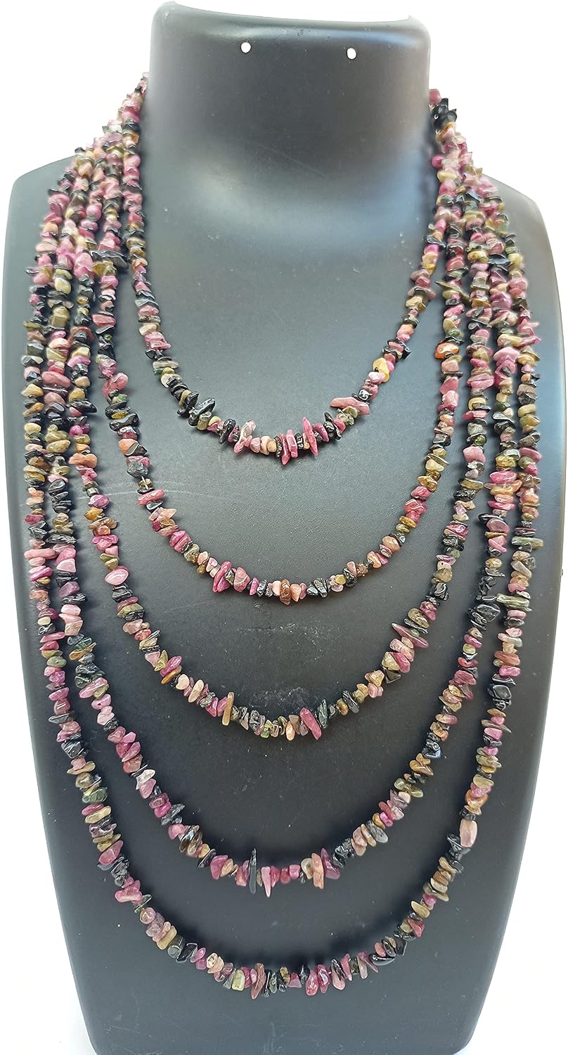 Nuggets Necklace - Set of 2 Red Garnet and Multi Color Tourmaline Chips 100 Inch Endless || Smooth Uncut, Single Strand Necklace || For Men and Women ||