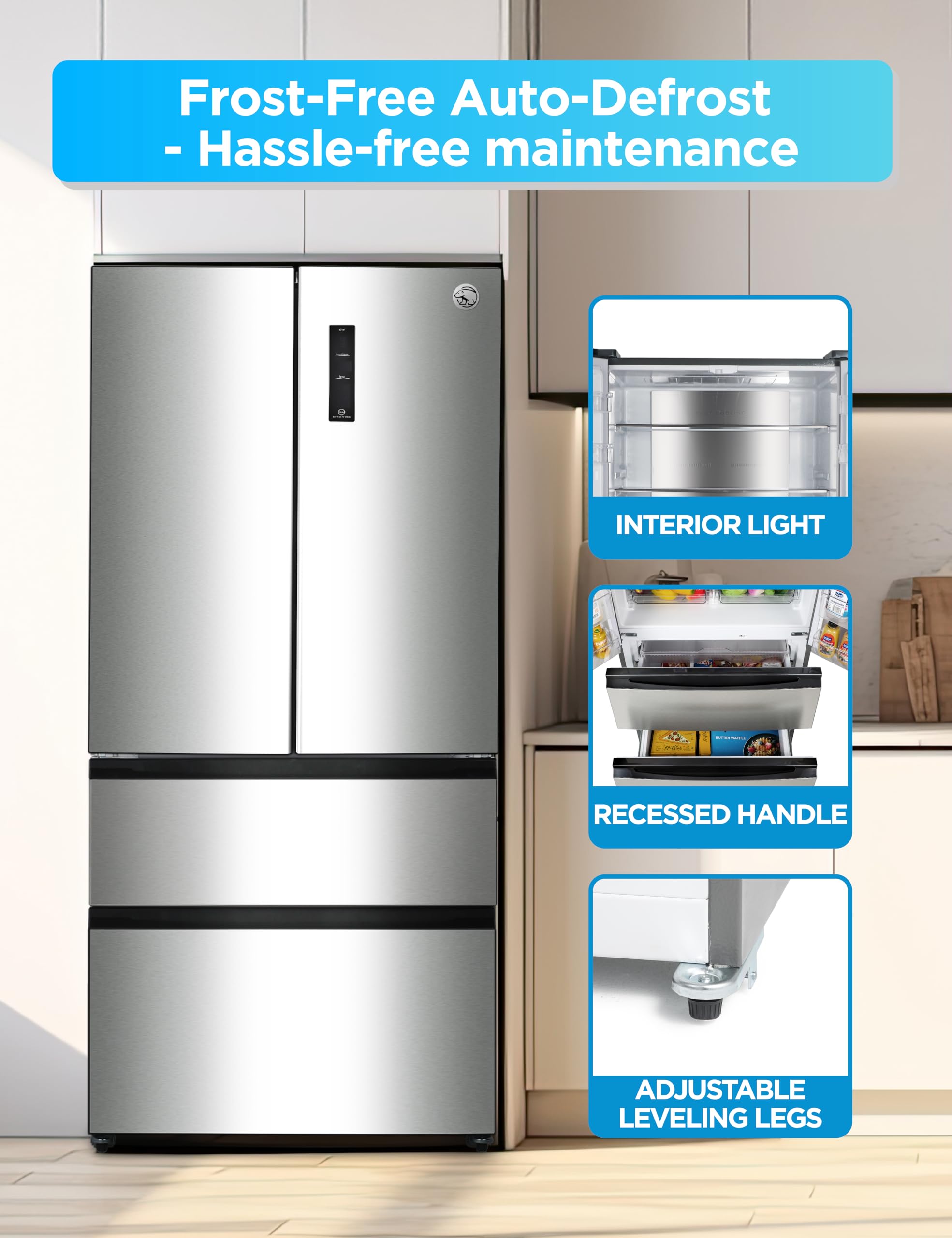 Commercial Cool 18.9 Cu. Ft. French Door Refrigerator, 33 Inch Wide Refrigerator With 2 Bottom Mount Freezer Drawers, Frost Free, LED Lighting, Digita - View 5 | Fridge.com