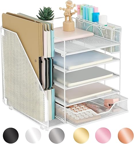 gianotter Organizador de bandeja de papel de 5 niveles con soporte para archivos, organizador de escritorio con cajón y soporte para bolígrafos,