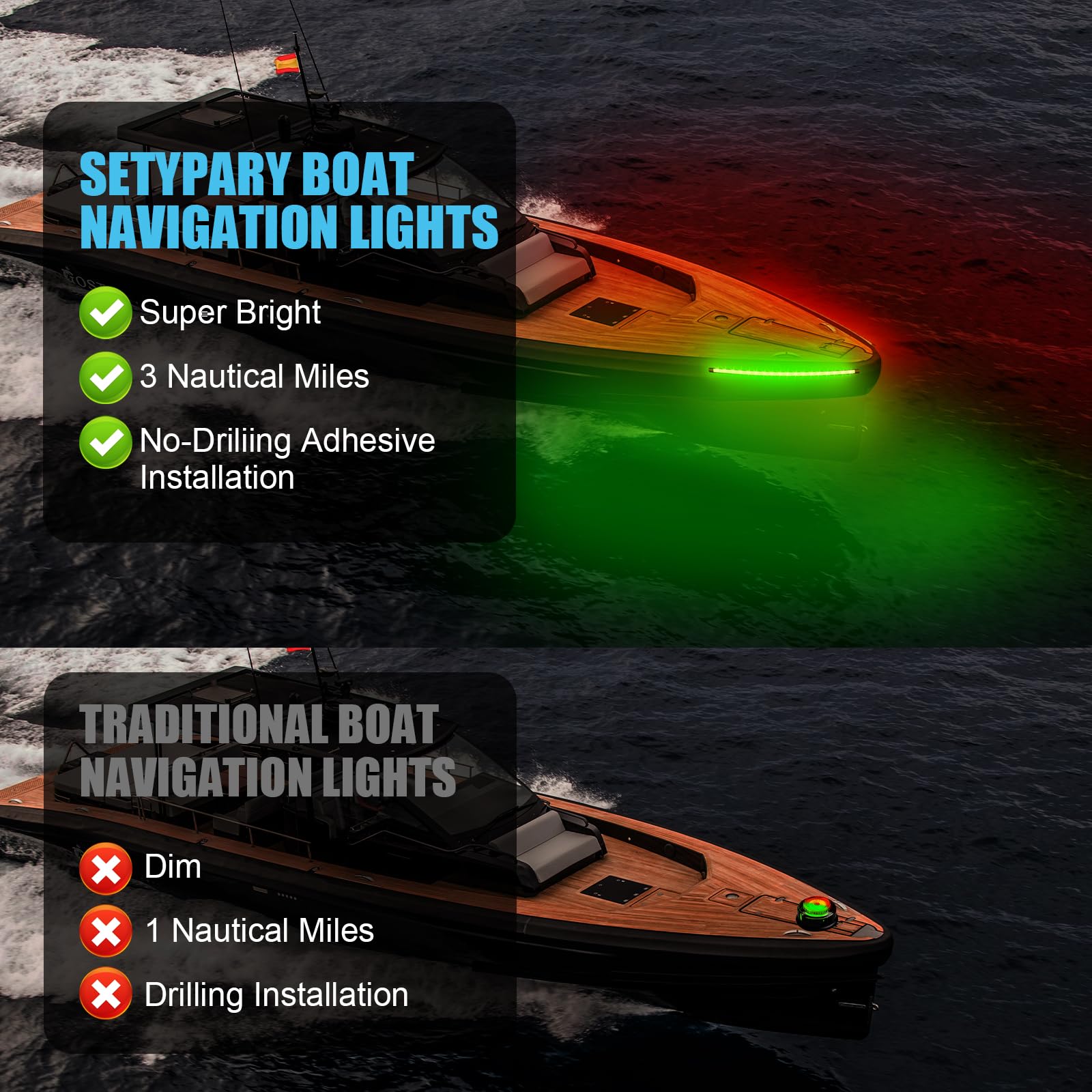 SETYPARY Boat Navigation Lights Red and Green, Bow Lights for Boats LED, Marine Running Lights Waterproof 12V for Night Fishing Small Boats and Pontoon