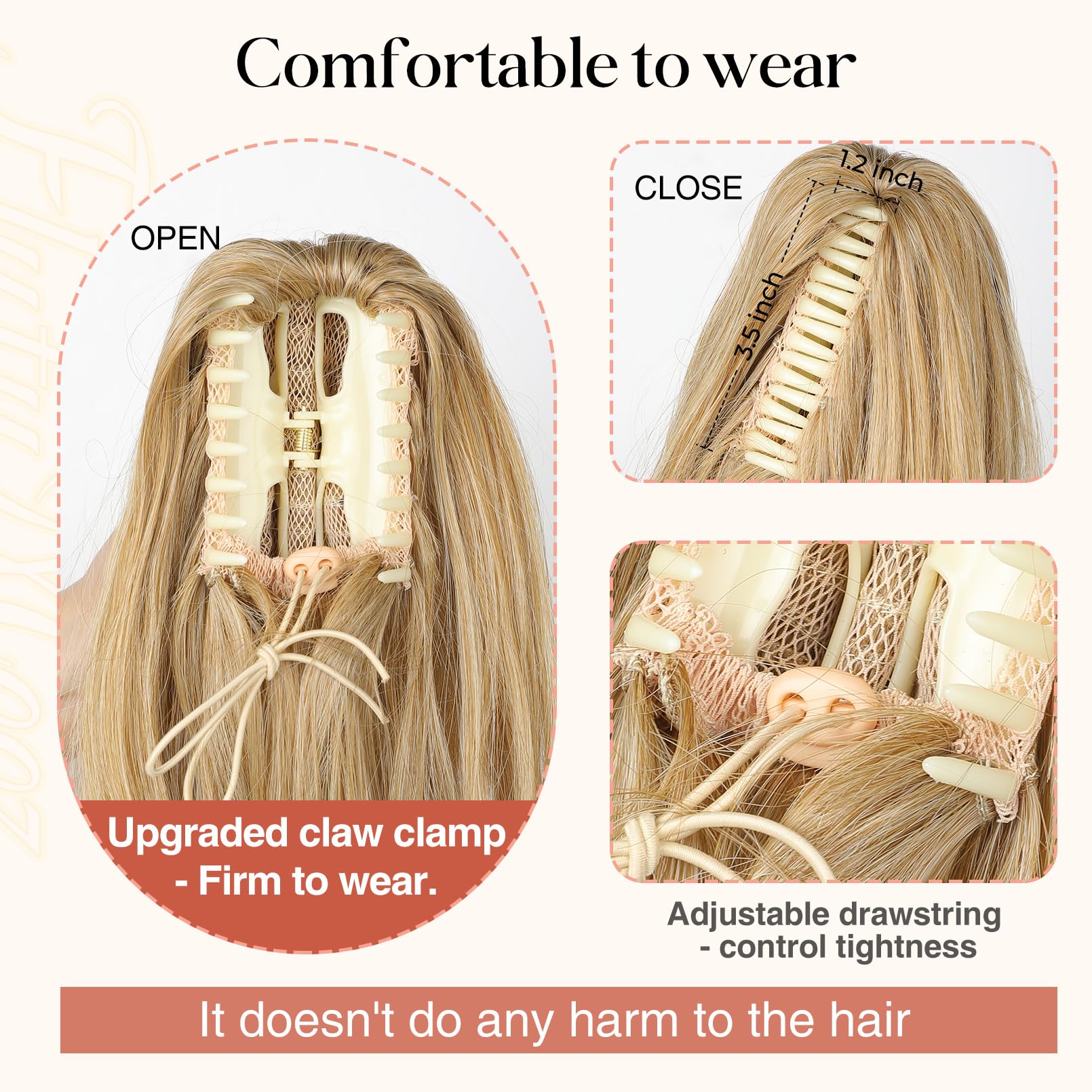 FLUFYMOOZ Ponytail Extension, 66cm Pferdeschwanzverlängerung lange, gewellte, lockige Klauen Clip in Pferdeschwanz Haarverlängerung, synthetisches Haarteil für Frauen-Blond bis Hellblond