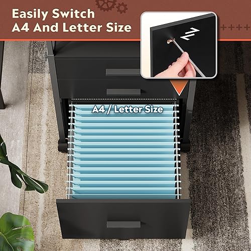 Miniatura 5 de DEVAISE Archivador con cajones de almacenamiento, soporte de impresora rodante con estantes ajustables, archivador de madera para oficina en casa,