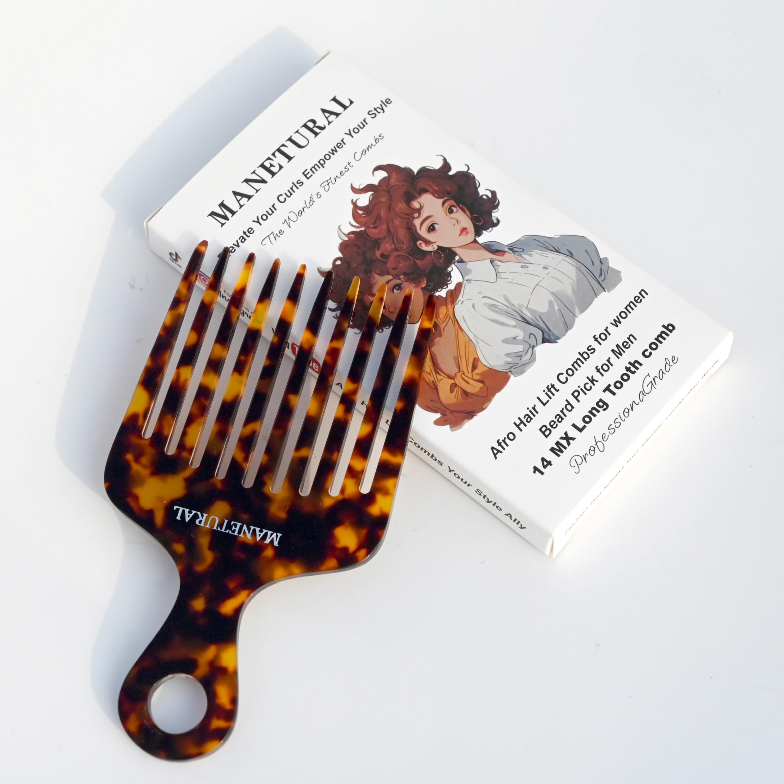 14MX Langzahnkamm / Afro-Haarliftkämme für Damenlocken und Herrenbärte - Handgefertigte Schönheit für müheloses Styling (Schildkröte, 1 Pack)