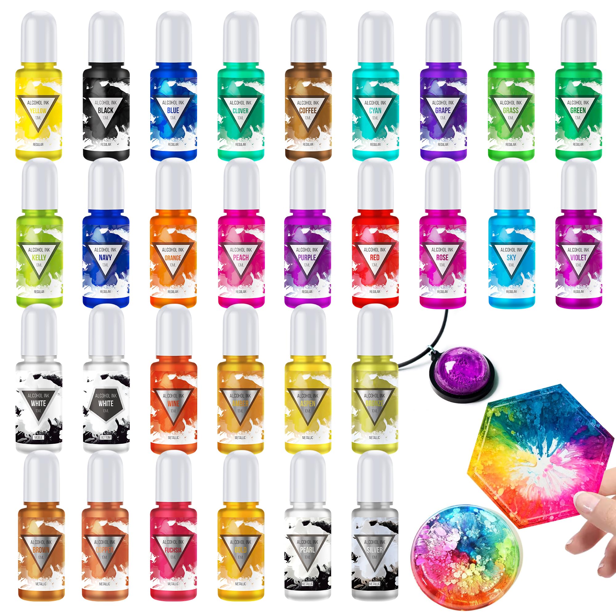 Alcohol Ink Set 30 Bottles - 20 Vibrant Colour with 10 Metallic Colours Alcohol-Based Ink for Epoxy Resin Art, Resin Petri Dish Making - Alcohol Colour Dye for Yupo, Painting, DIY Tumbler - 10ml Each