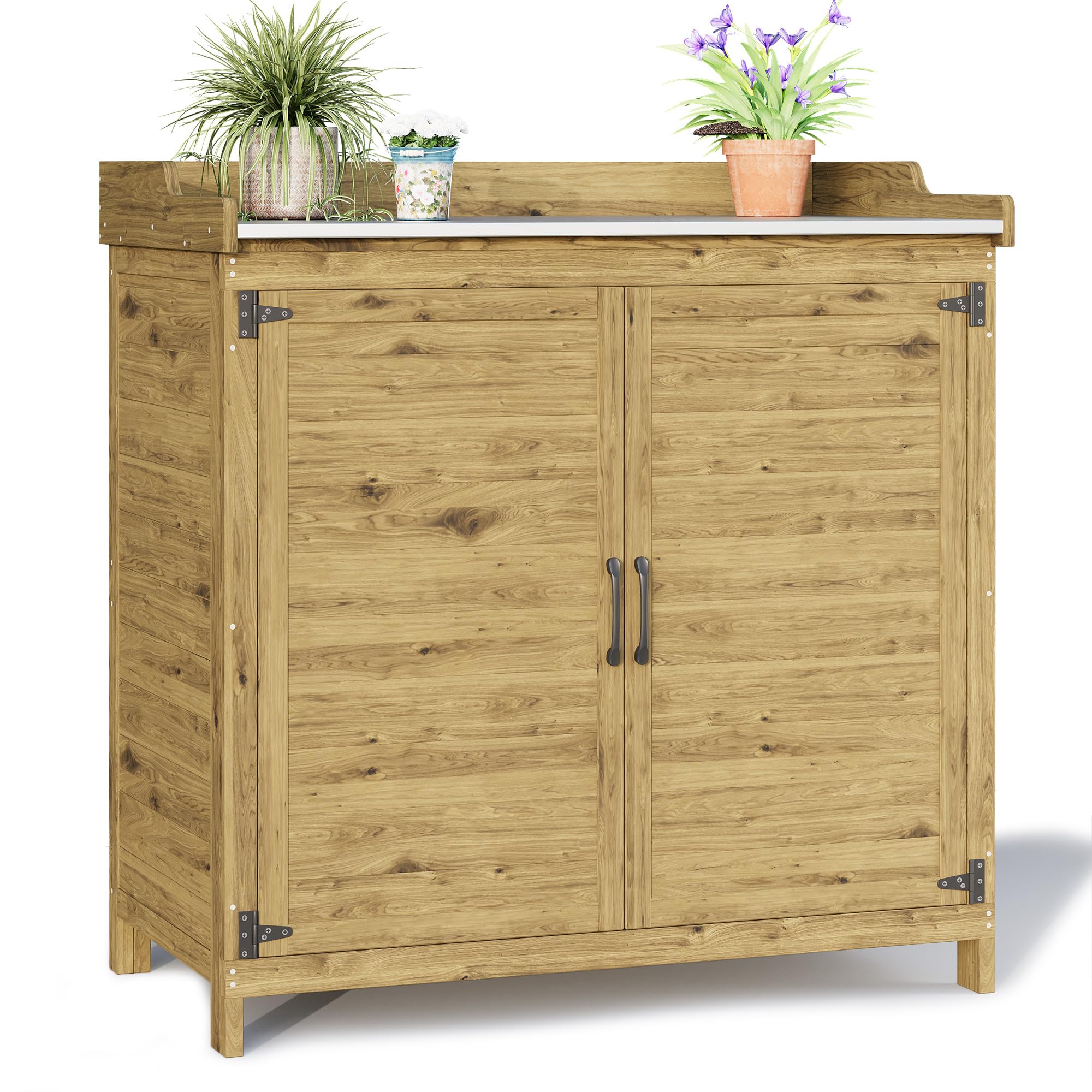 Mesa de Jardín para Plantas, Espaciosa Mesa de Trabajo Exterior con Encimera para Herramientas de Jardín, Armario de Madera con Estantes Interiores para Patio, 98×47×94 cm (Natural)