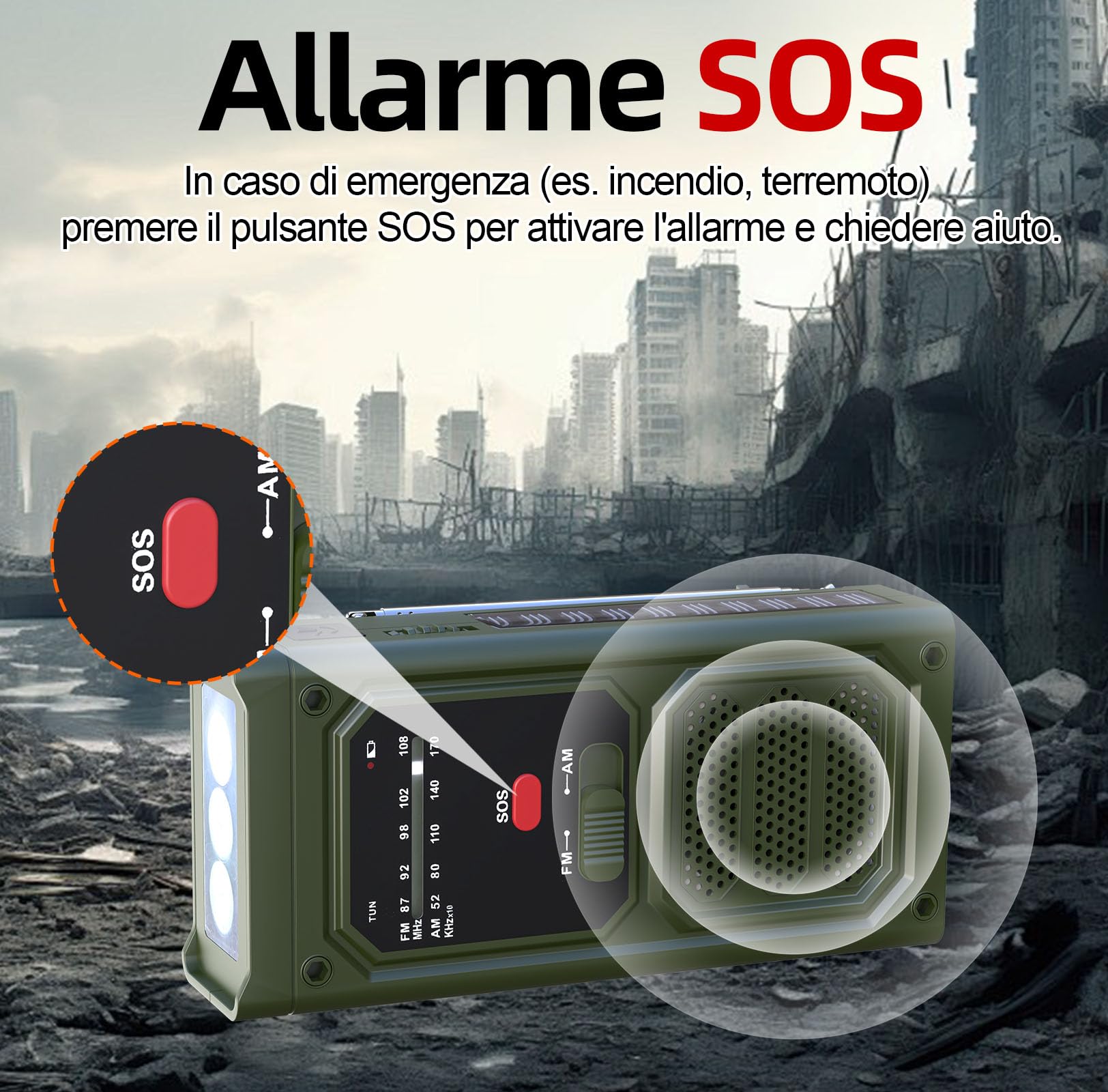 Radio Solaire d'Urgence AM/FM avec Lampe Torche LED, Alarme SOS, Recharge USB/Solaire/Manivelle, Batterie 2000mAh, Vert