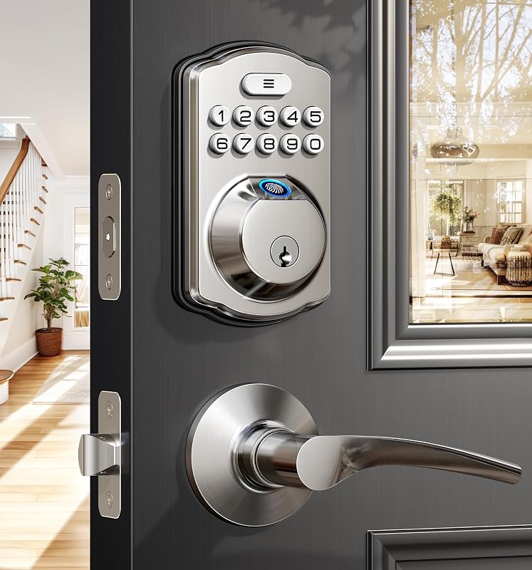 KS02B Fingerprint Door Lock with 2 Lever Handles, Satin Nickel | Zinc Alloy Handle Set, Auto Lock, Anti-Peep Codes, 2 Keys, Keyless Entry Deadbolt, Electronic Back-Lit Keypad, for Front Door
