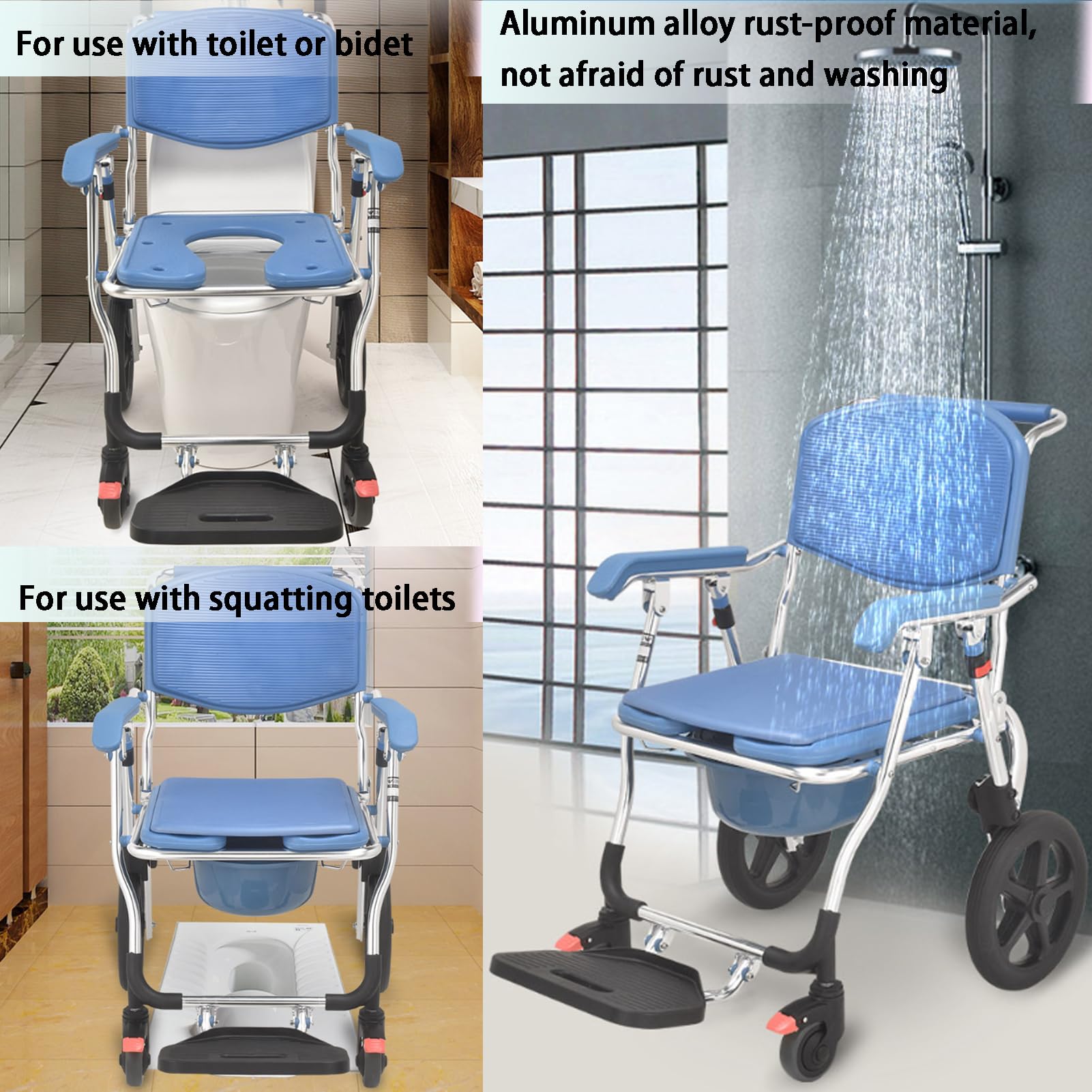 Sedia a rotelle per doccia e toilette per anziani disabili, sedile imbottito, freni di bloccaggio, vaso rimovibile, 150 kg