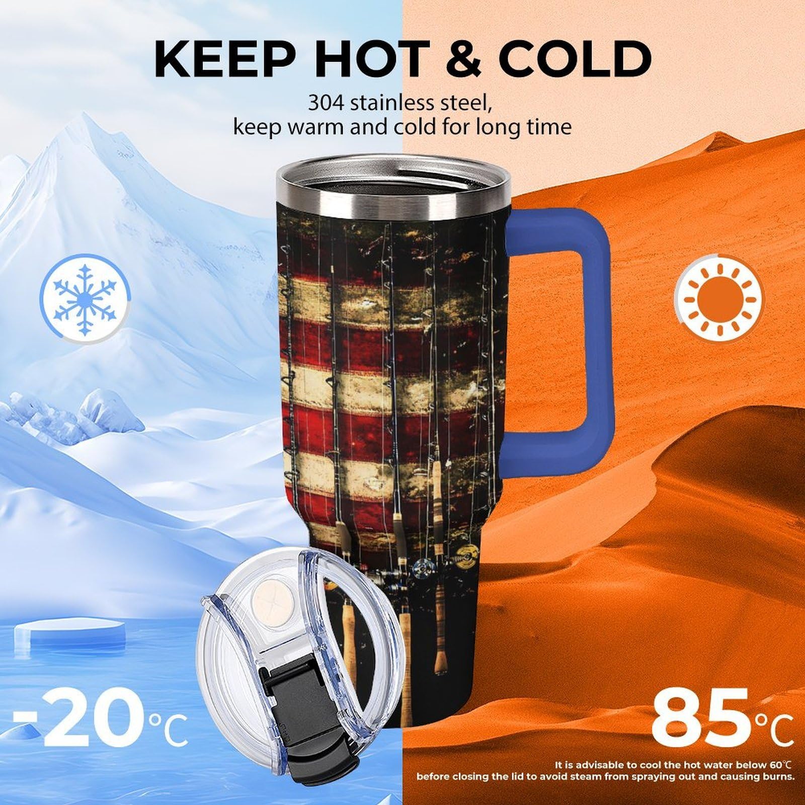 Becher mit Griff und Angelrute mit USA-Flagge, 1,2 l, Reise-Kaffeebecher, großes Fassungsvermögen, Autobecher, Wasserflasche