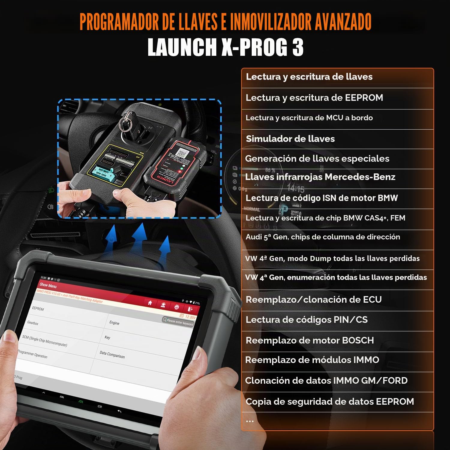Launch X431 IMMO Plus OBD2 Diagnosis Profesional de Programador Llave Coche, Bidireccional Diagnóstico de Todo Systema con X431 PROG3, 39+ Reset Función, CANFD & DOIP, 2 Años Actualizaciones