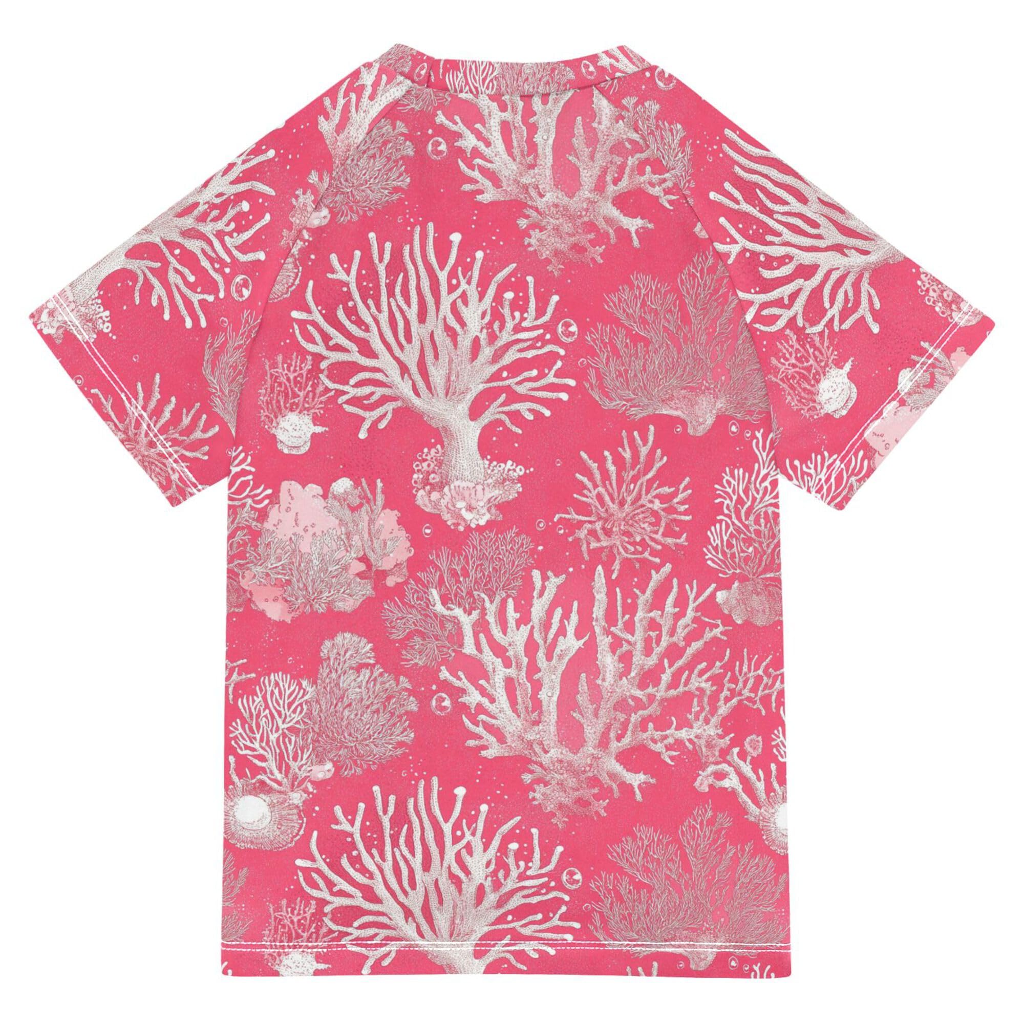 Art Coral Hot Pink Girls Bathing Suit Sun Protection Rashguard Girls Swimwears Workout Shirts for Big Boy 5-6T