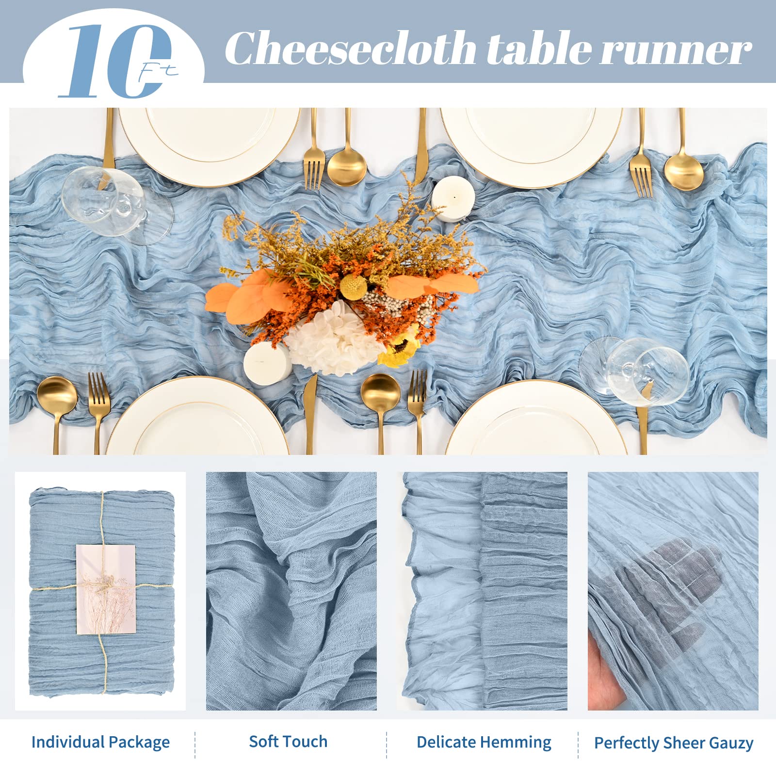 Paquete de 10 caminos de mesa de gasa azul polvoriento, camino de mesa de gasa de 10 pies, camino de mesa semitransparente para recepción de boda, decoración bohemia rústica para fiesta de boda