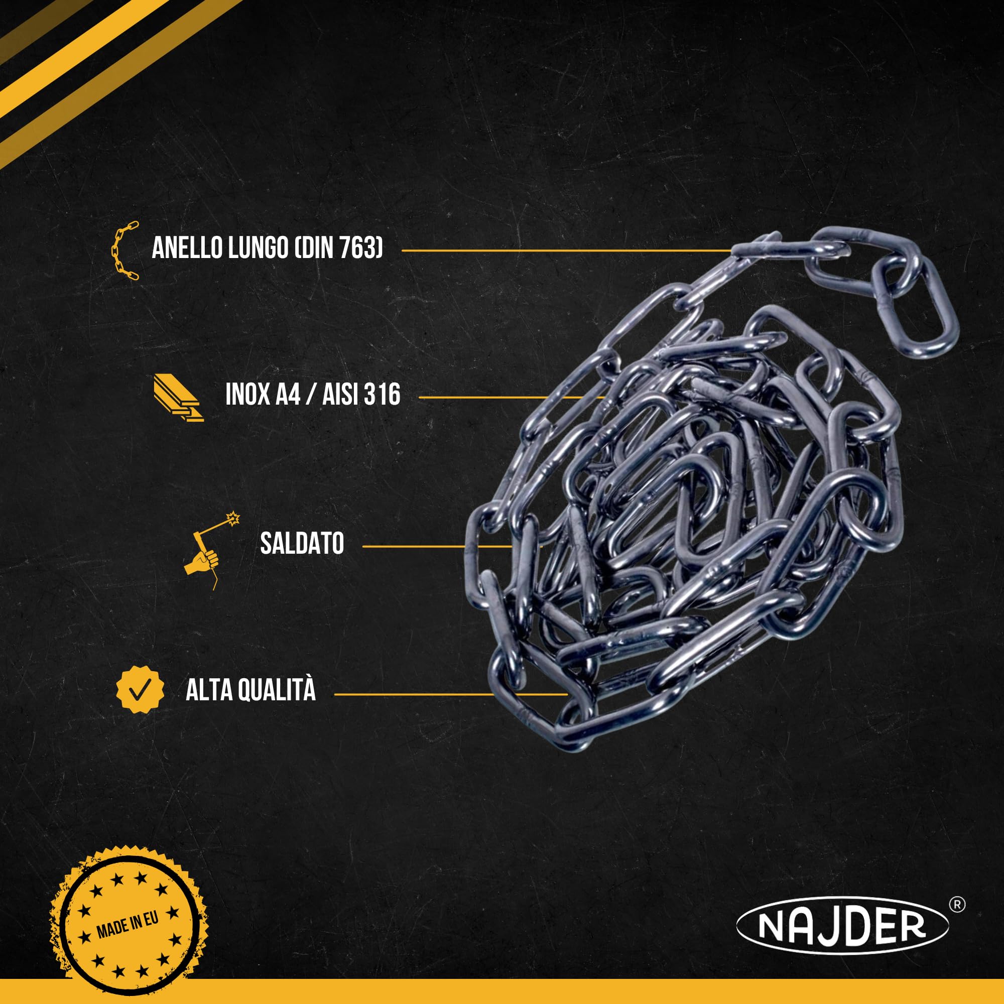 NAJDER Catena a maglie lunghe in acciaio inox 5 m, Catena in acciaio inox 2 mm, 120 kg di carico massimo, DIN 763, A4-AISI 316 per edilizia, ancoraggio, fai da te, recinzione