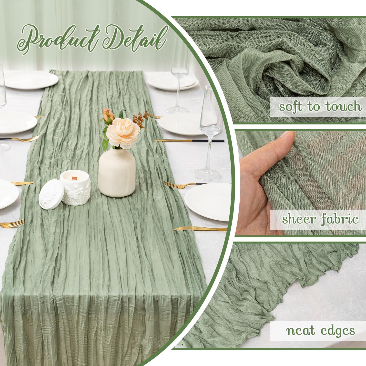 6 Pack Sage Green Cheesecloth Table Runner, 120 Inch Spring Boho Gauze Table Runners, Rustic Sheer Cheese Cloth Table Runners for Wedding, Baby Shower, Birthday Party, Home Decor