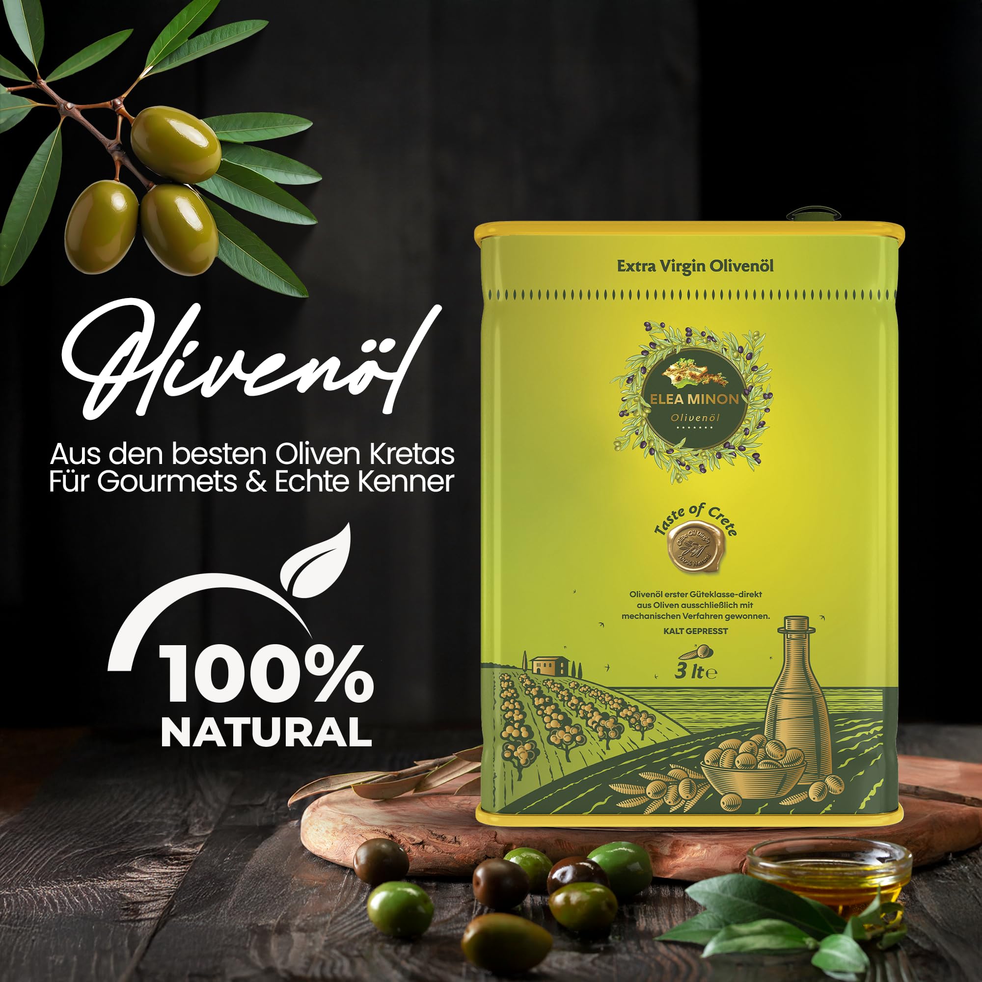 Elea Minon Olio extravergine di oliva | 3 litri - Tanica con beccuccio | dall'isola greca di Creta | Olio d'oliva greco di Creta | Cold Pressed Extra Virgin Olive Oil