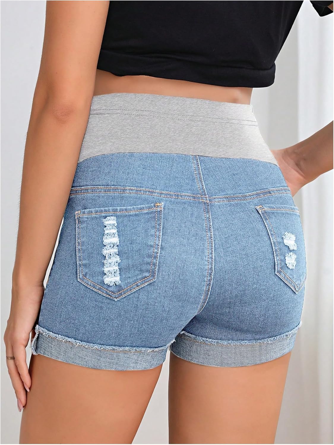 Women's Maternity Adjustable High Waist Ripped Roll Up Hem Denim Mini Shorts with Pocket - Image 2