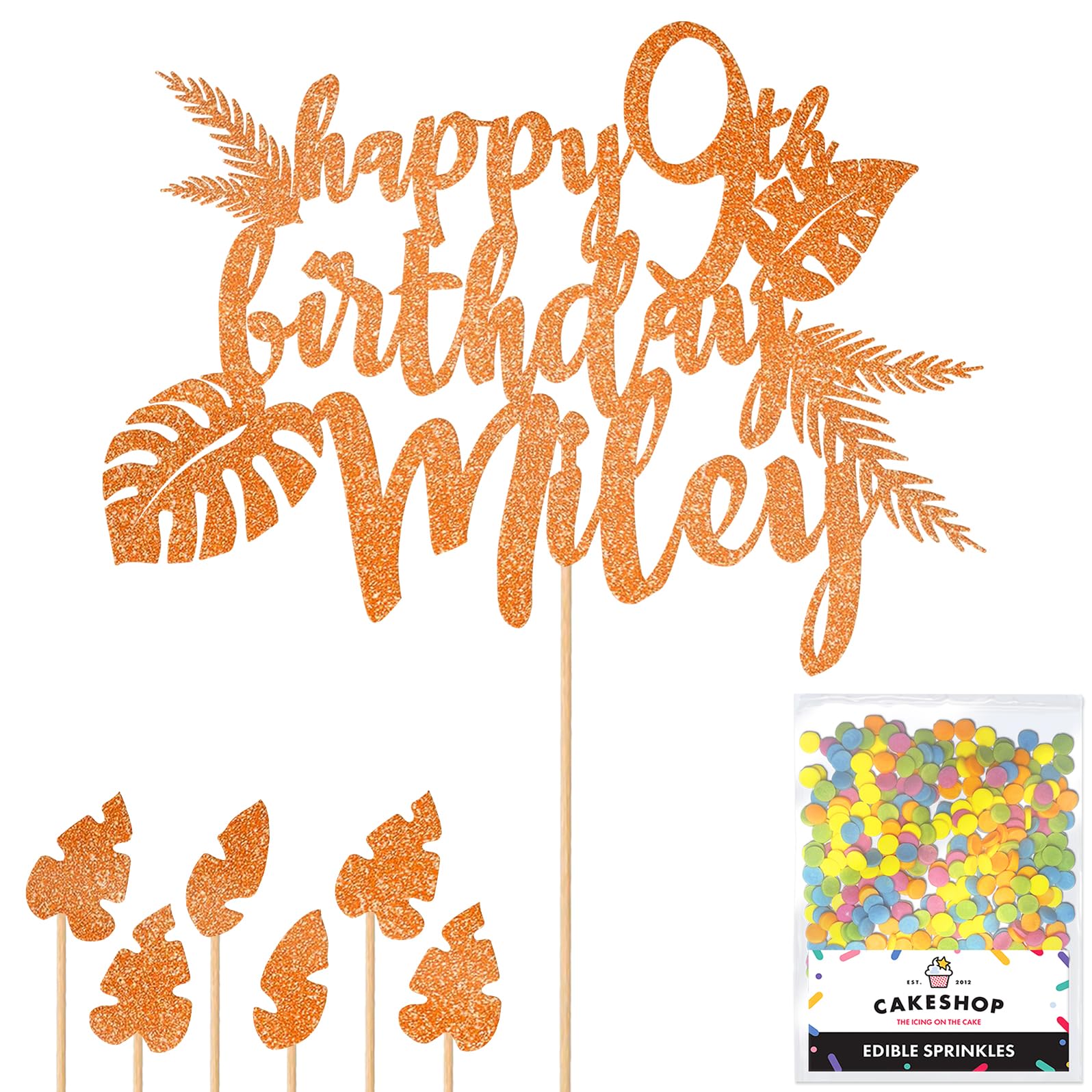 Personalised Birthday Jungle Themed Glitter Cake Topper- Orange Any Custom Age & Name Glitter Cake Decoration and Sprinkles - Happy Birthday Decorations - Personalised Toppers for Cakes by Cakeshop — image 1