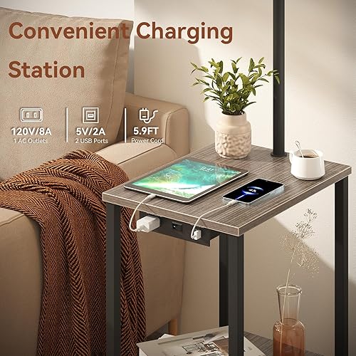 Miniatura 4 de SUNMORY Lámpara de pie con mesa, mesa auxiliar para sala de estar con lámpara, mesa auxiliar con estantes con estación de carga (puerto USB y CA),