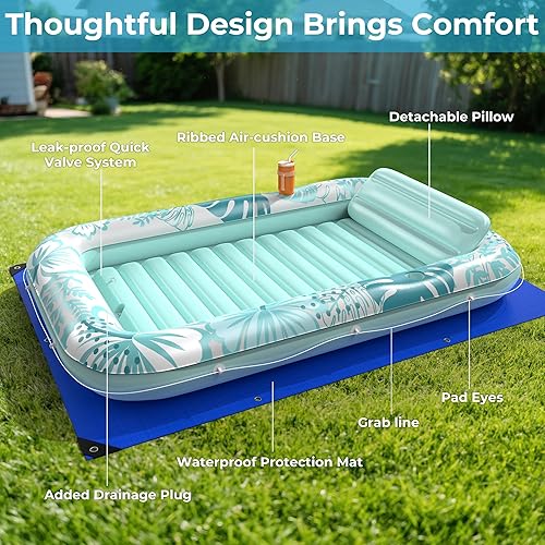 Miniatura 7 de Flotador inflable de bronceado para piscina con lona de protección, flotadores de piscina de 85 x 57 pulgadas para adultos con almohada, flotador de