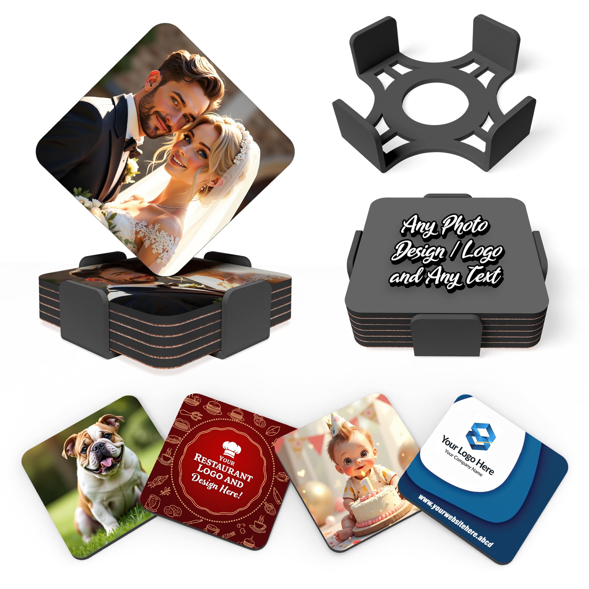 Personalised Coasters | Pack of 6 With Stand | Custom Photo & Text Square Coasters | Company Logo, Restaurant & Bar | Mother’s Day, Father’s Day, Birthday | Housewarming & Kitchen Gift (CUS-1-SQ)