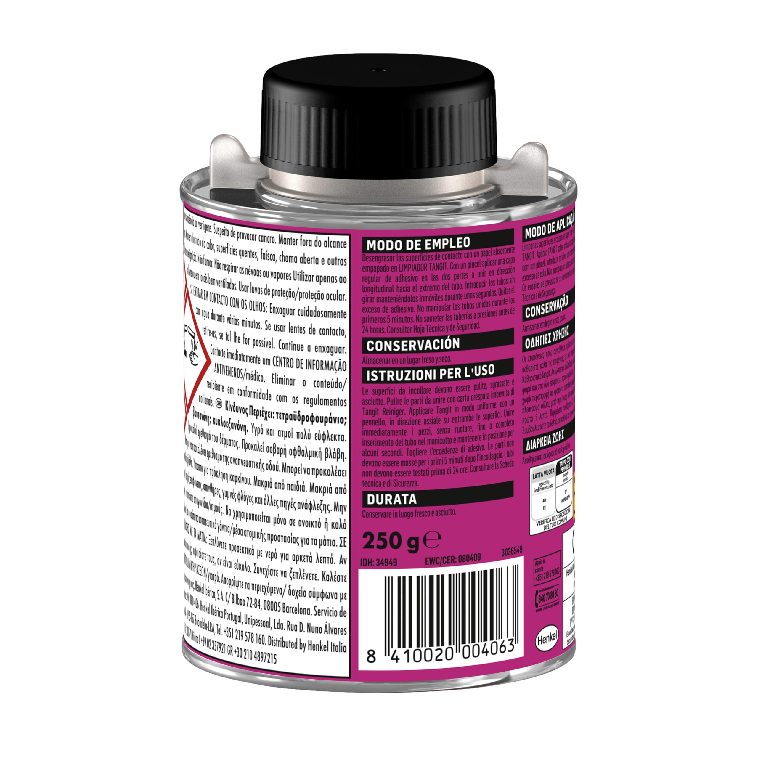 Tangit Adesivo speciale con pennello, Tangit PVC colla per assemblare tubi, Adesivo PVC per incollare tubature idrauliche e giunzioni, 1x250g latta con pennello