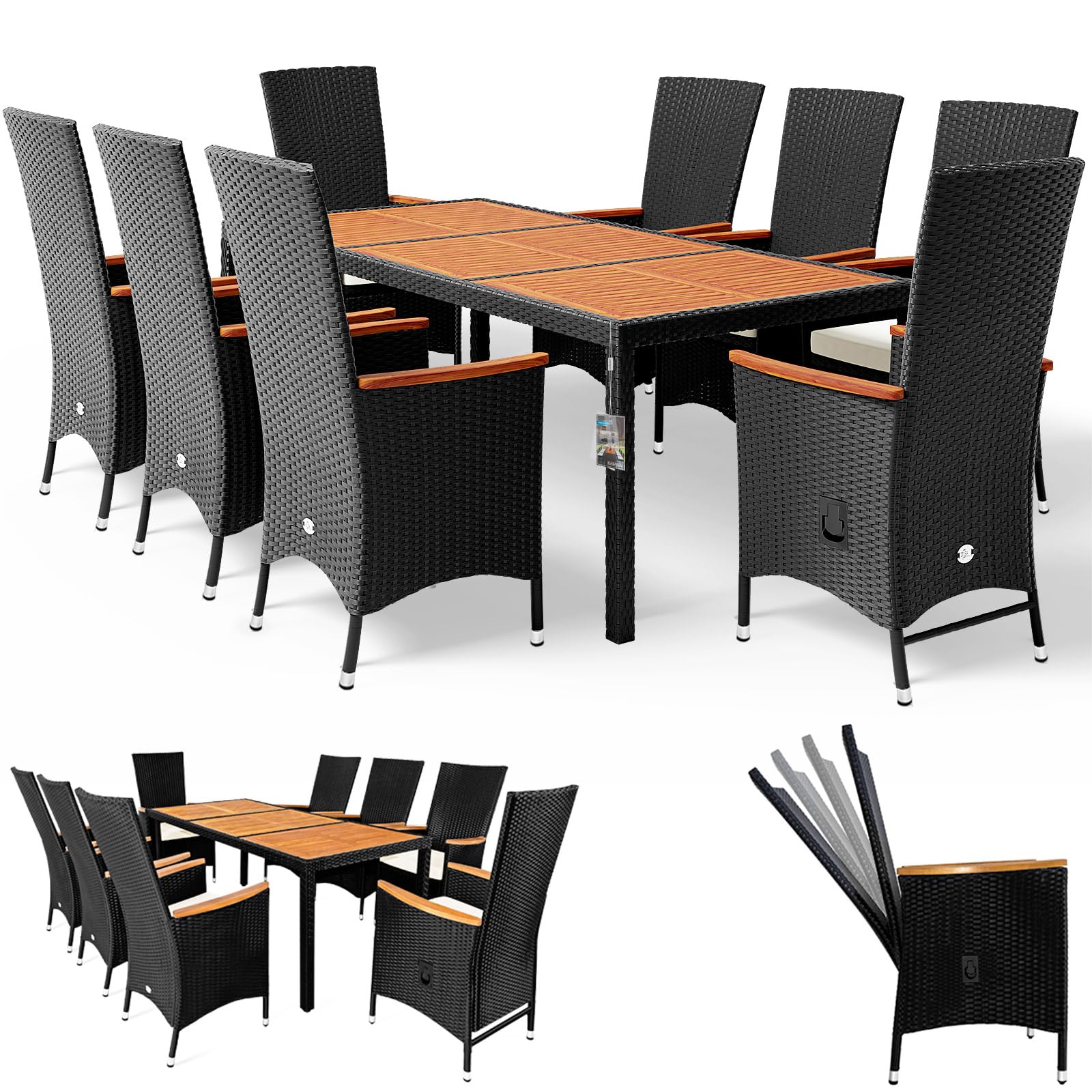 Casaria® Gartenmöbel Set 8 Stühle inkl. 7cm Auflagen mit Tisch 2X Verstellbare Lehne Outdoor Terrassenmöbel Polyrattan Wetterfest Holz Akazie Essgruppe Garten Balkon Lounge