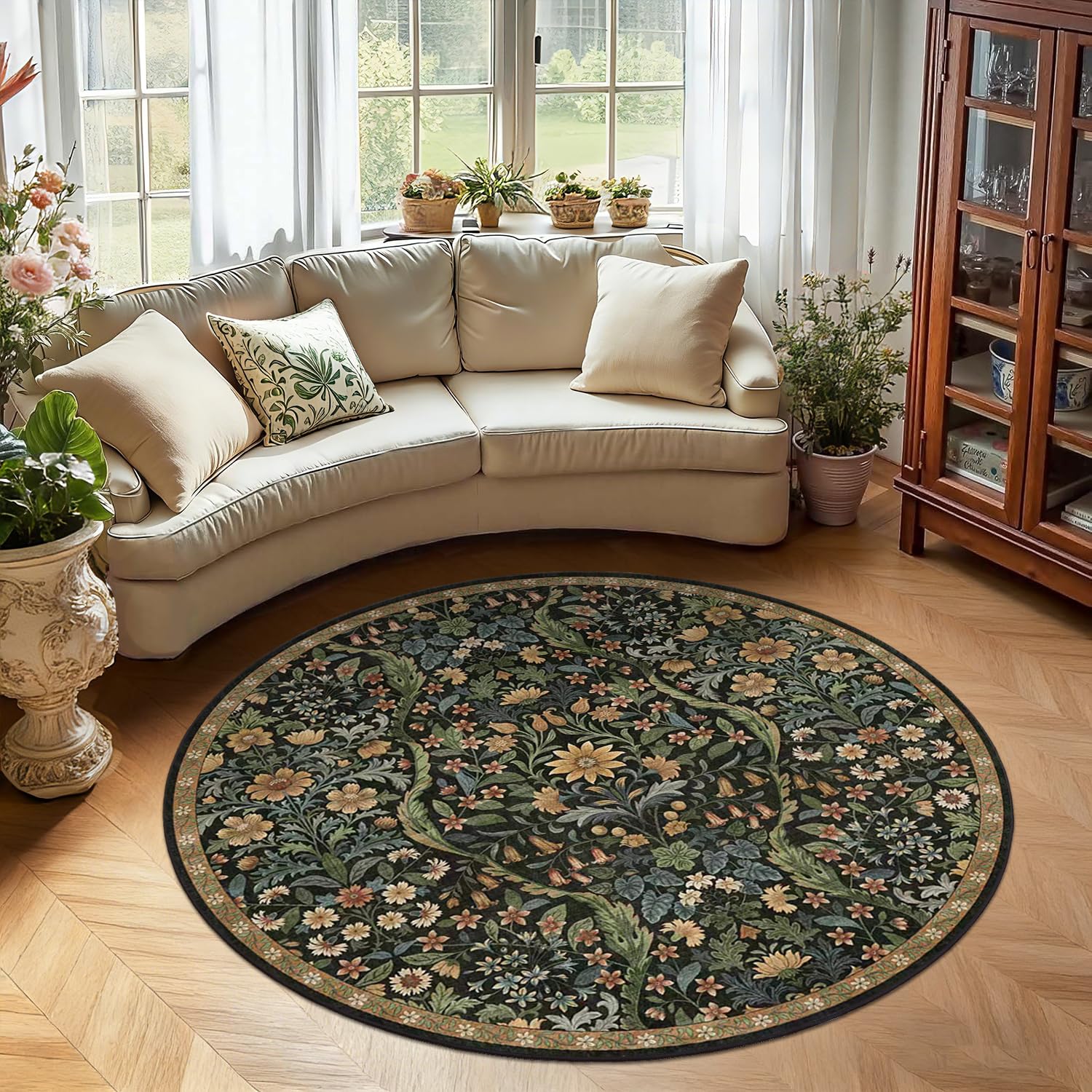 Round Rug 5ft Floral Circle Rug Brown Botanical Indoor Area Rugs