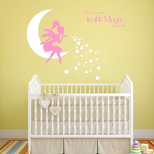 Miniatura 2 de Calcomanía de pared de hadas, "I Love You to The Moon and Back", calcomanía de pared de hadas para niñas, calcomanías de pared de dormitorio de Rosa