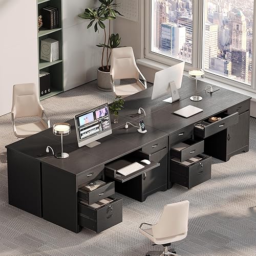 Miniatura 6 de Bestier Escritorio de oficina de 59 pulgadas con cajones con cerradura, moderno escritorio para computadora con cajón de archivos, estación de carga