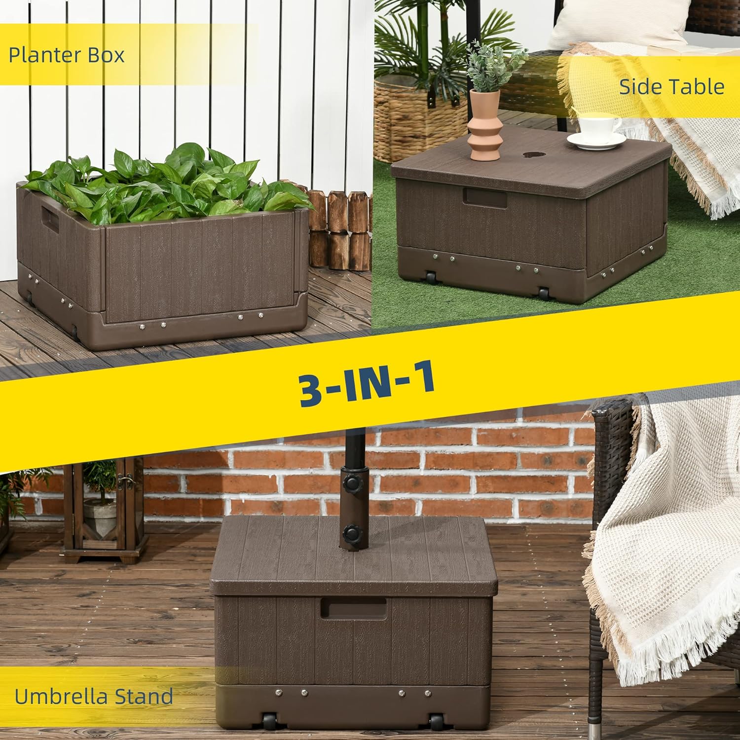 Outsunny 2-in-1 Outdoor Umbrella Base, Planter Box with Drain Hole, 175 lbs. Capacity Heavy Duty Fillable Patio Umbrella Stand Table with Wheels and Handles for Deck, Poolside, Brown