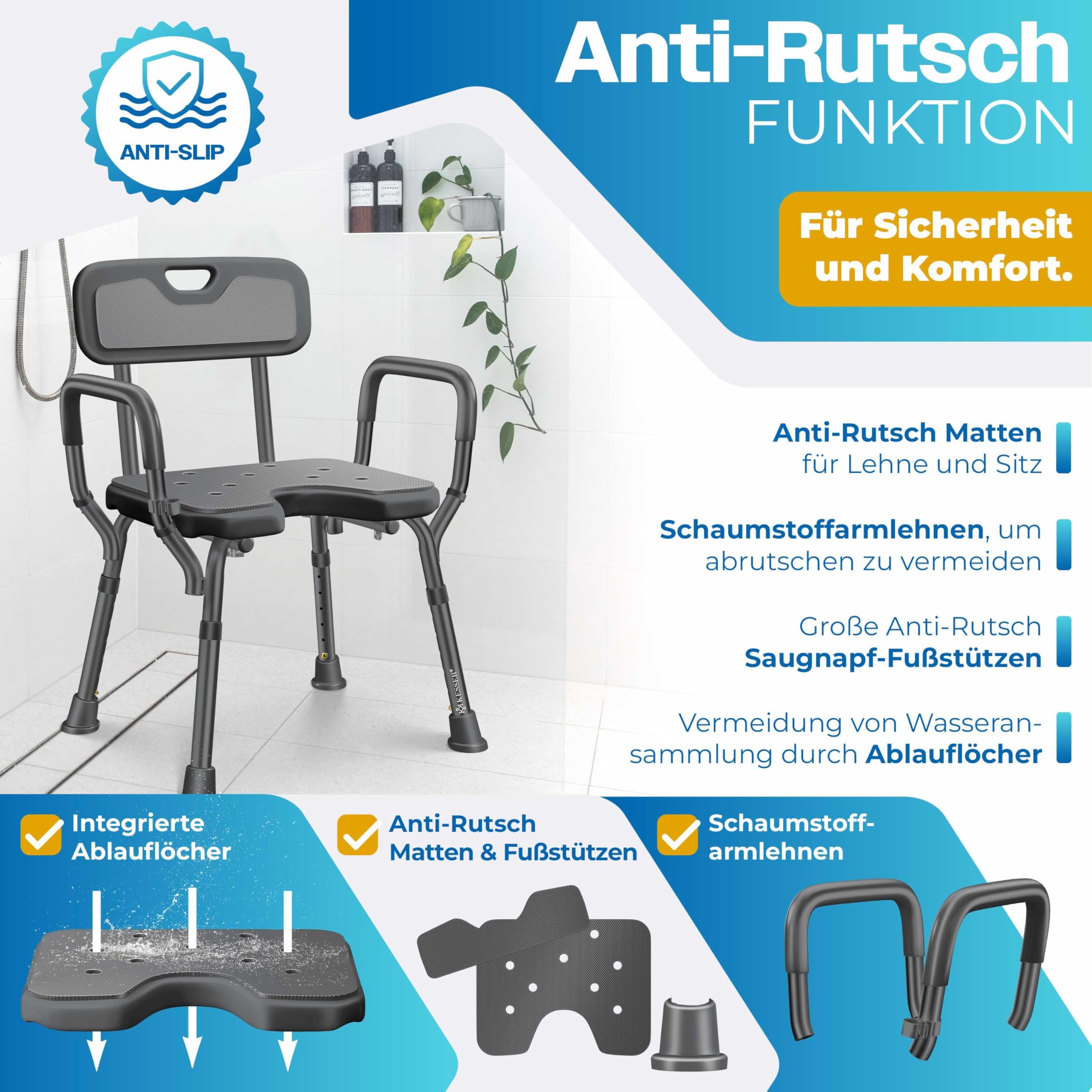 KESSER Taburete de ducha con respaldo para personas mayores y embarazadas, asiento de ducha, 150 kg, soporta 6 niveles, altura regulable 38-54 cm, ayuda para la ducha