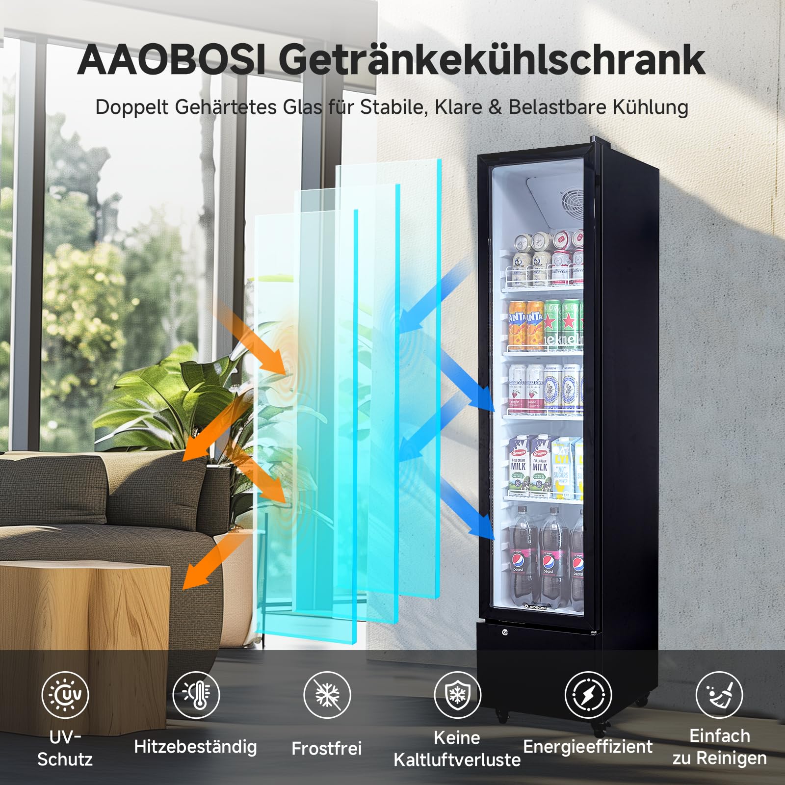 AAOBOSI 230L Getränkekühlschrank mit Glastür| 4 Höhenverstellbare Ablagen| Flaschenkühlschrank mit LED-Beleuchtung| Umluftkühlung| Automatische Abtauun| Abschließbar| für Gastro, Bar, Keller