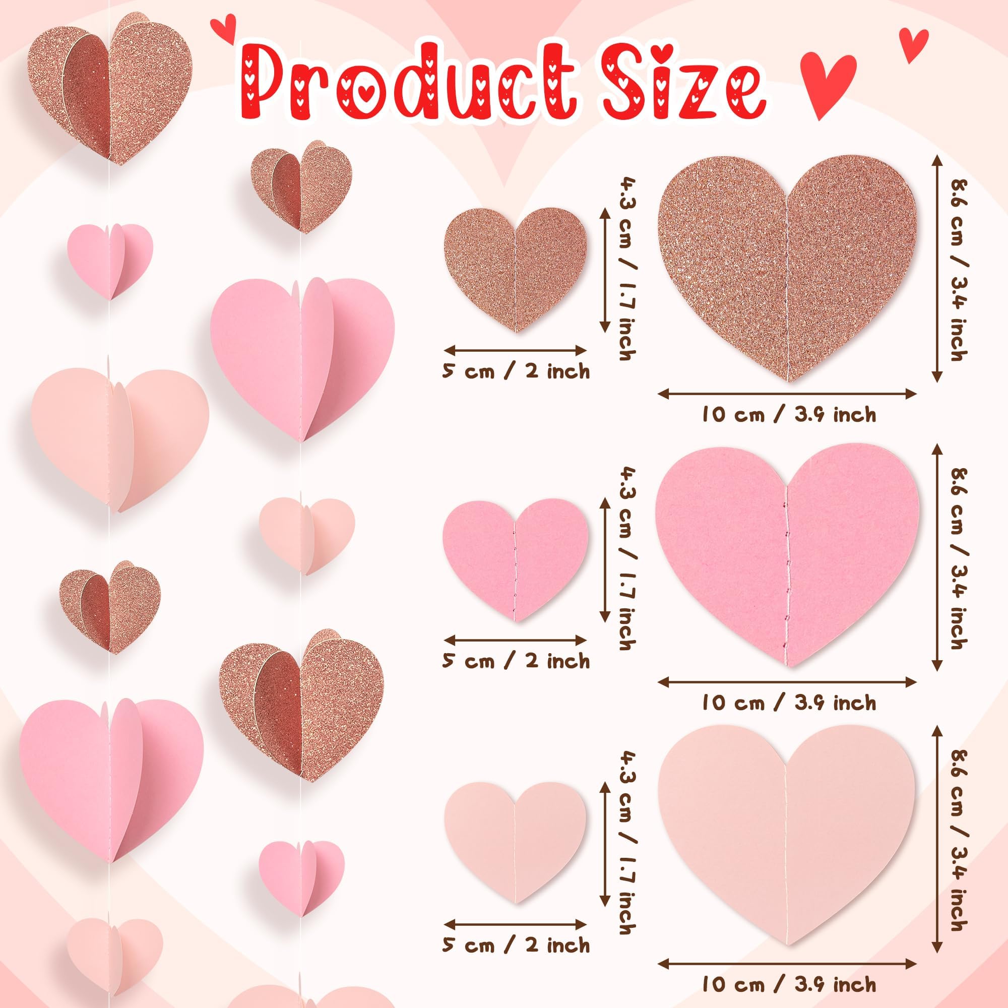 CNhoqc 4 guirnaldas de papel en forma de corazón de oro rosa 3D, serpentinas colgantes con temática rosa, guirnaldas románticas en forma de corazón para el día de San Valentín, cumpleaños, boda,