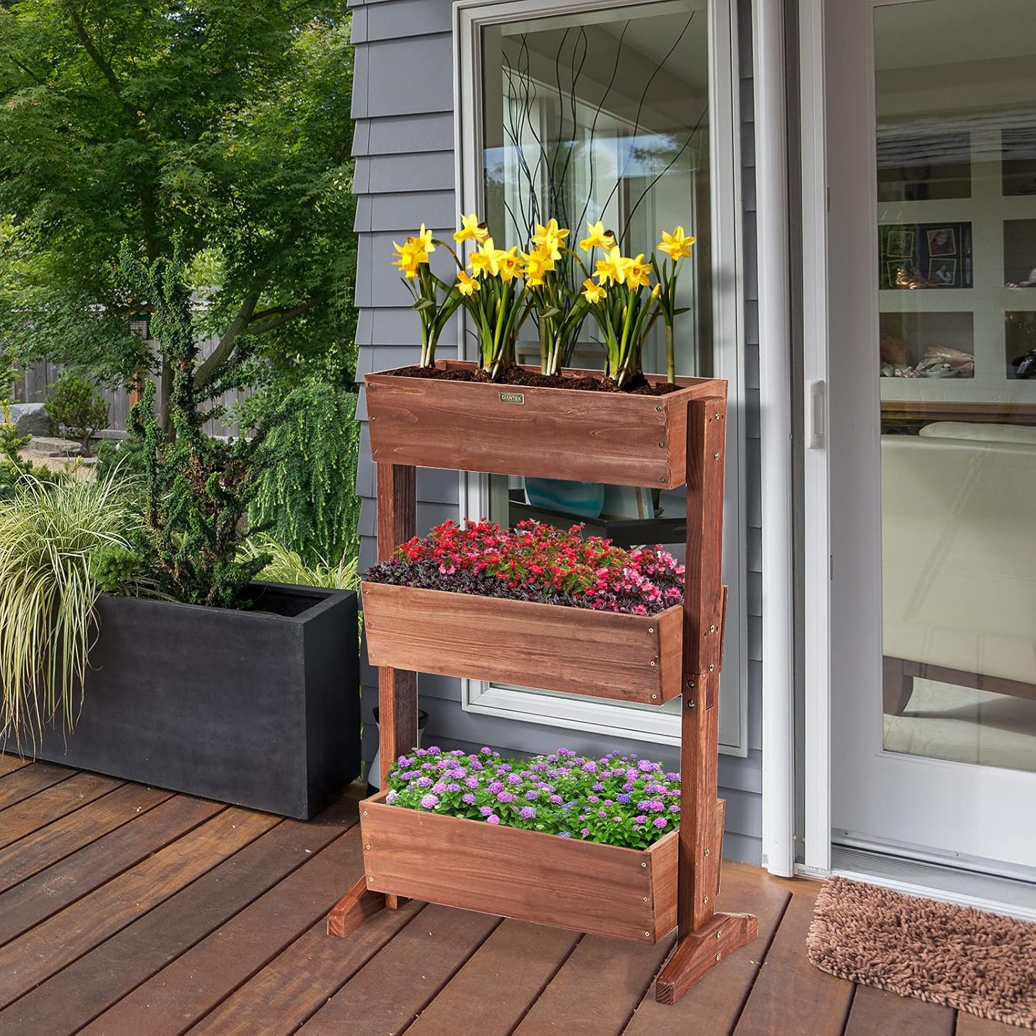 RELAX4LIFE Huerto Urbano de Madera de Abeto con 3 Macetas, Jardinera Vertical con Inclinación Ajustable y 2 Agujeros de Drenaje para Verduras, Flores, Frutas, Hierbas, Soporte Plantas, 71x38x105cm