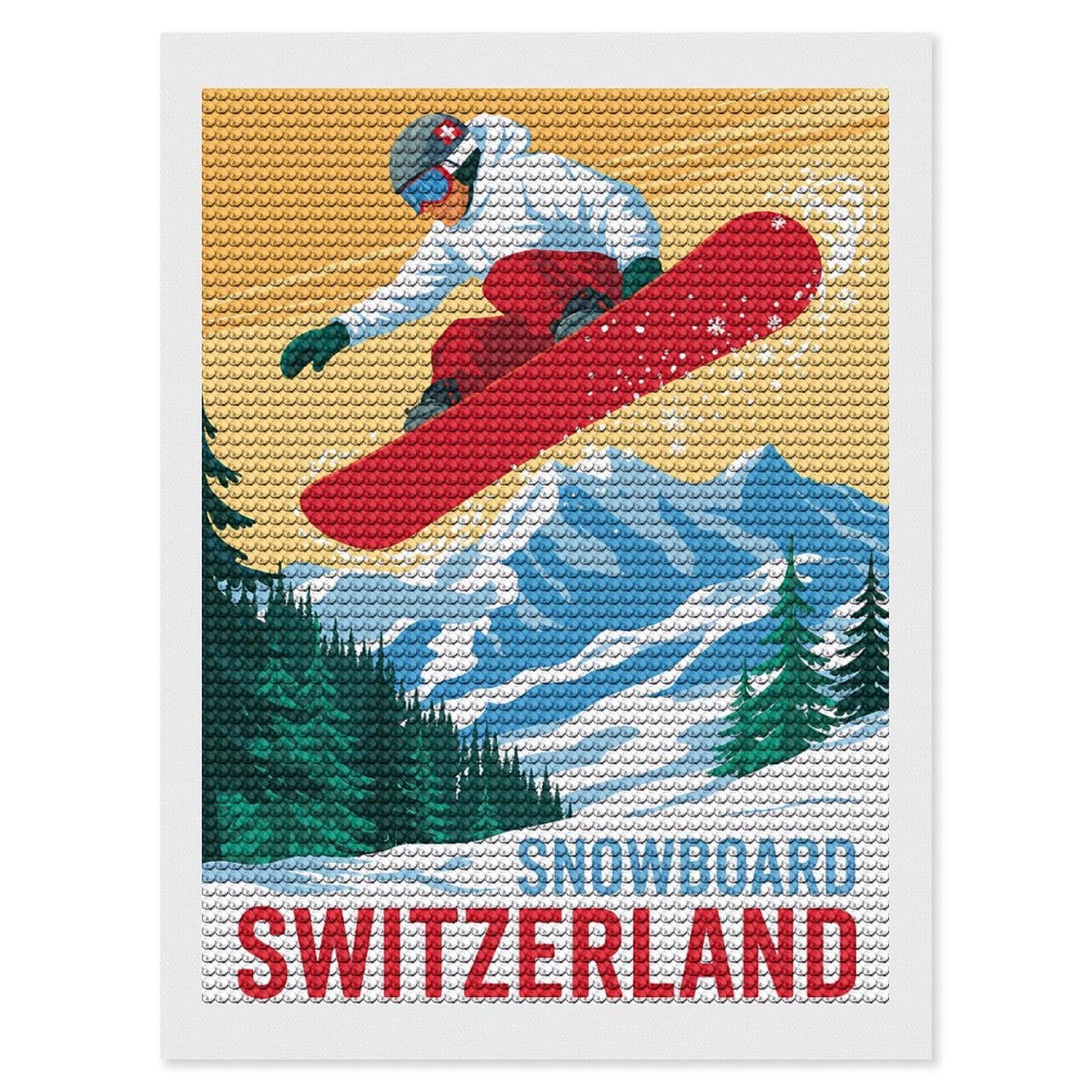 Junmoney Snowboard Switzerland Vintage Travel Crystal Diamond Art Kit 12"x16", Modern Decor, Boho Decor, Wall Art Gift, Decorative Artwork, Creative Hobby