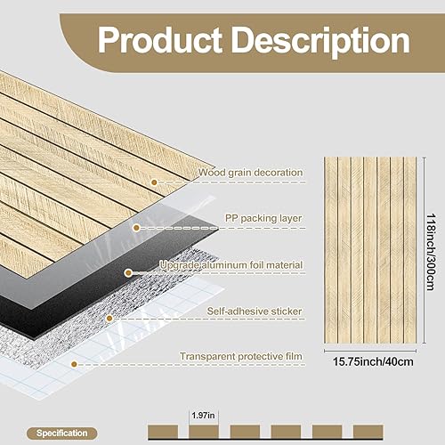 Miniatura 4 de Panel de pared 3D de listones de grano de madera, 15.75 x 118 pulgadas, adhesivo de pared autoadhesivo insonorizado, resistente a la humedad, papel