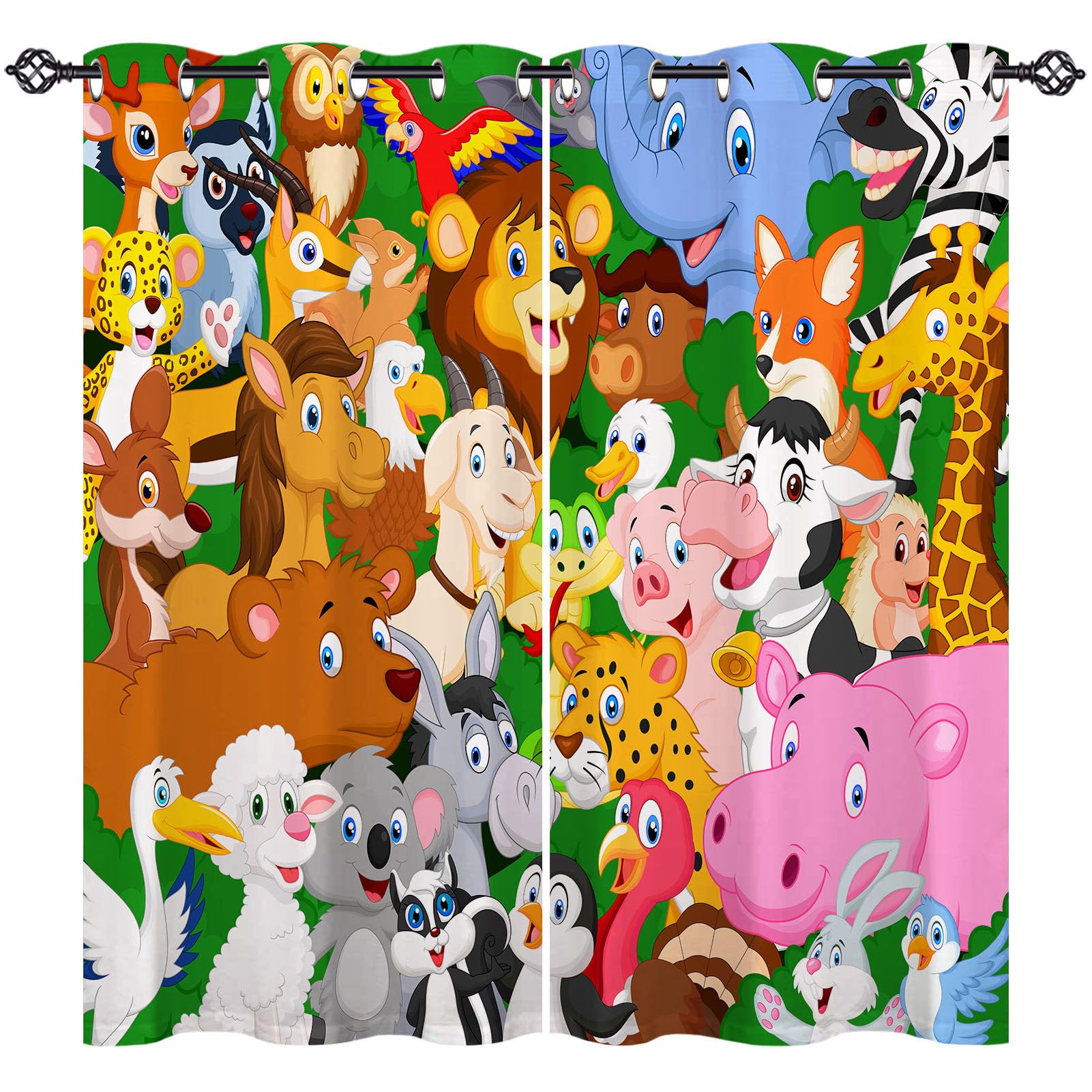 ANHOPE Kids Curtains Eyelet Thermal Insulated Ring Top 80% Blackout Curtains with Jungle Safari Animals Zoo Lion Elephant Etc Print Pattern Window Drapes for Bedroom Living Room 42 x 63 Inch 2 Panels