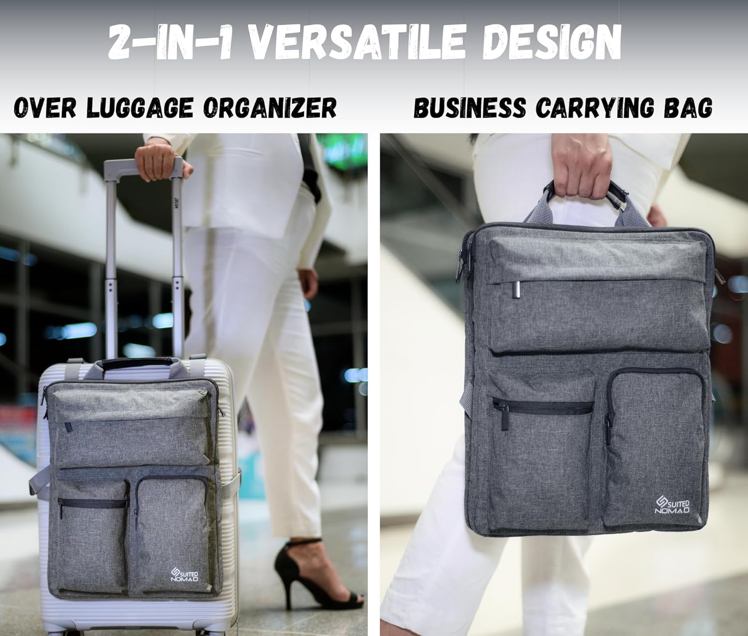 SUITEDNOMAD Luggage Harness for Carry On Bag, Over Suitcase Organizer with Storage Pockets and Laptop Sleeves, Slide On Adjustable Bag for Travel