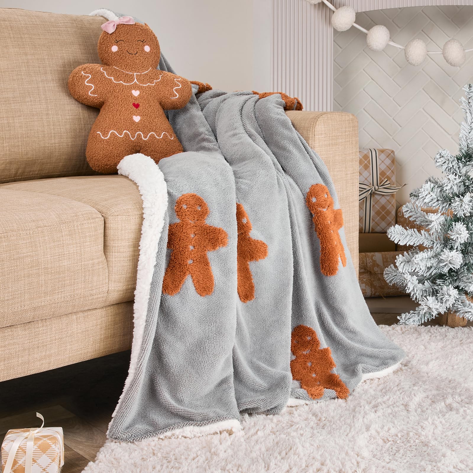 OHS Tufted Gingerbread Christmas Blanket Throws for Sofas Bed,Charcoal Grey