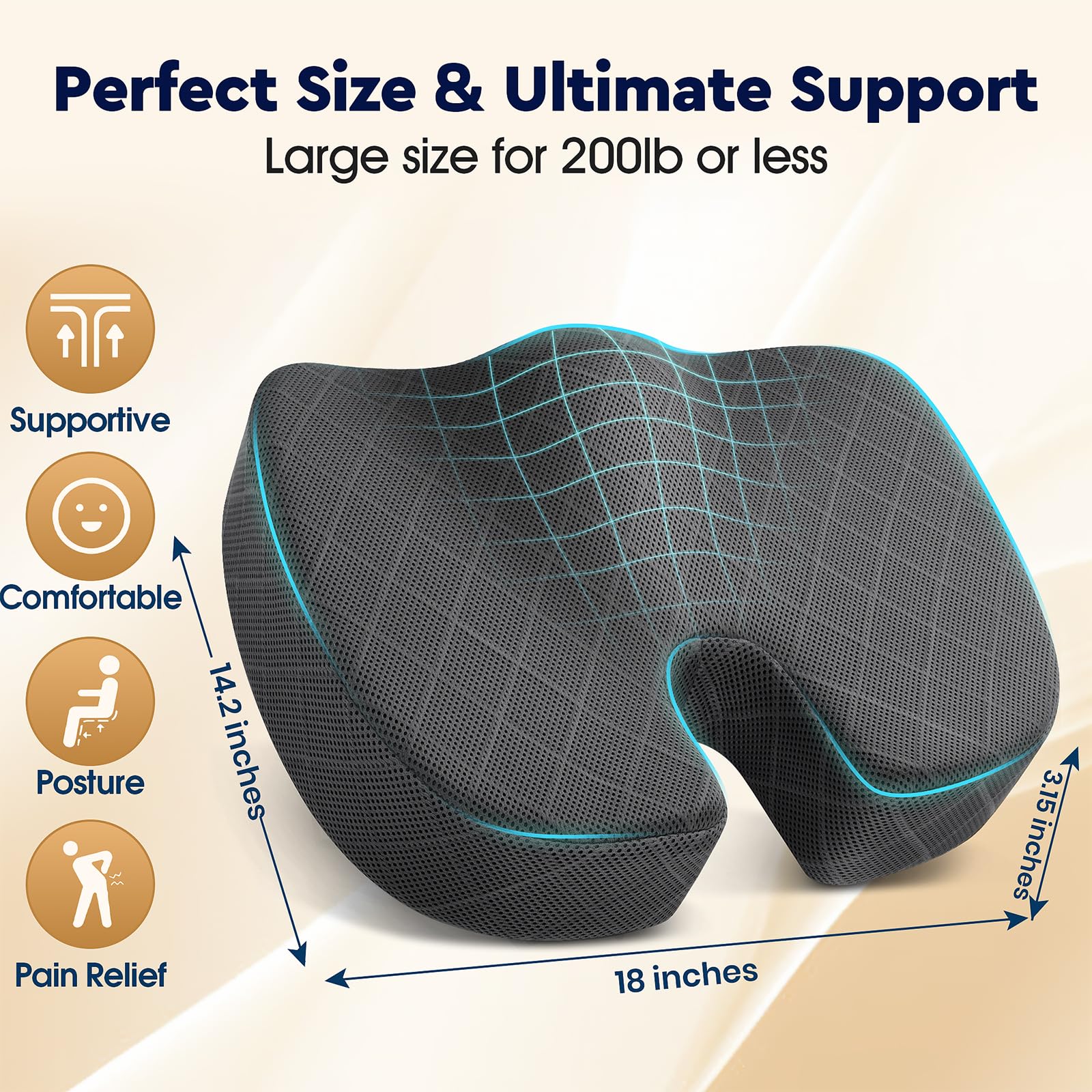 TushGuard Seat Cushion - Memory Foam Cushion for Office Chair, Car Seat, Airplane, Bleacher - Sciatica & Hip & Coccyx Pain Relief Desk Chair Cushion for Long Sitting Office Workers, Car Drivers