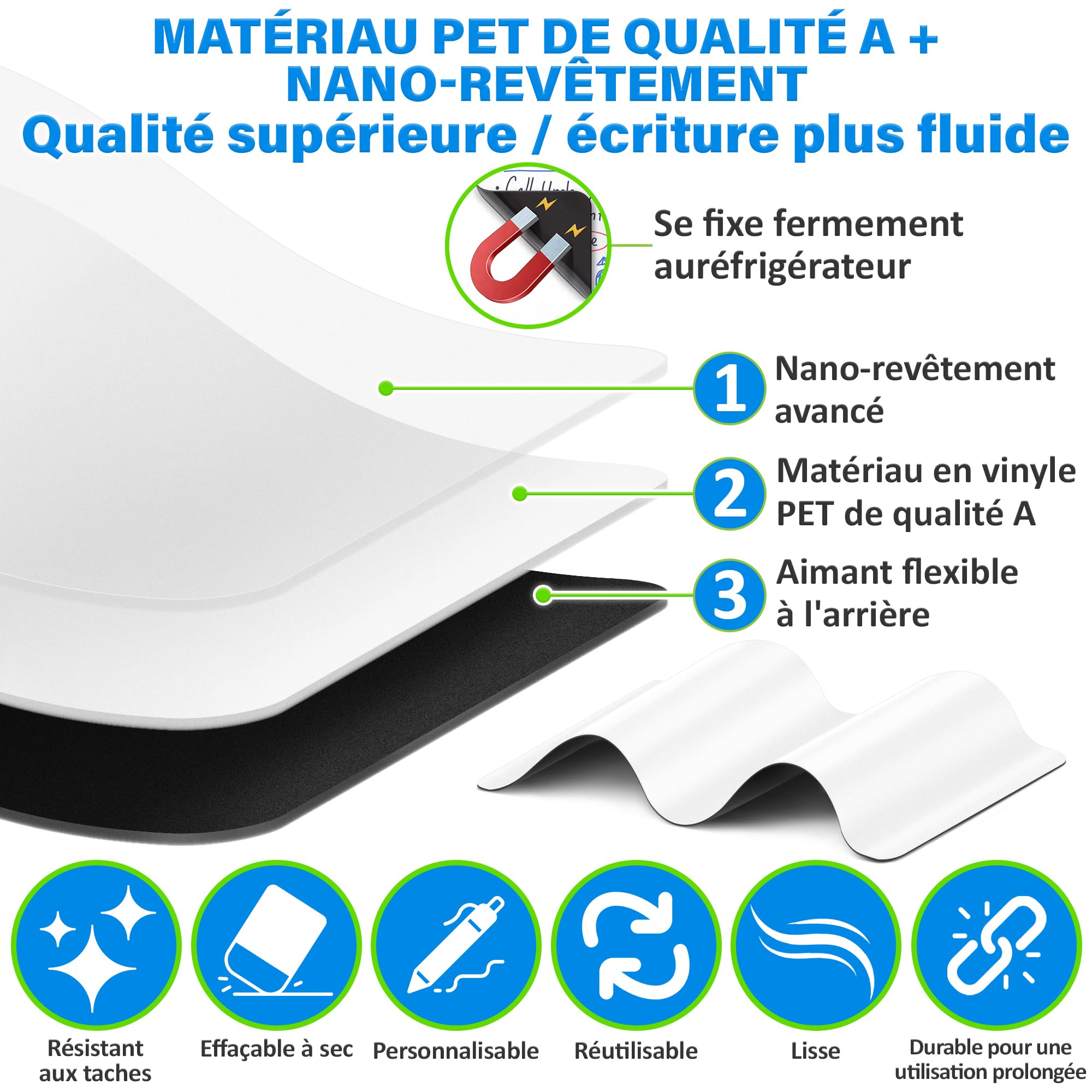Tableau blanc magnétique effaçable à sec extra large pour réfrigérateur - A3 / 43 x 28 cm - Anti-taches avec 3 marqueurs et une grande gomme aimantée - par Yes4Quality