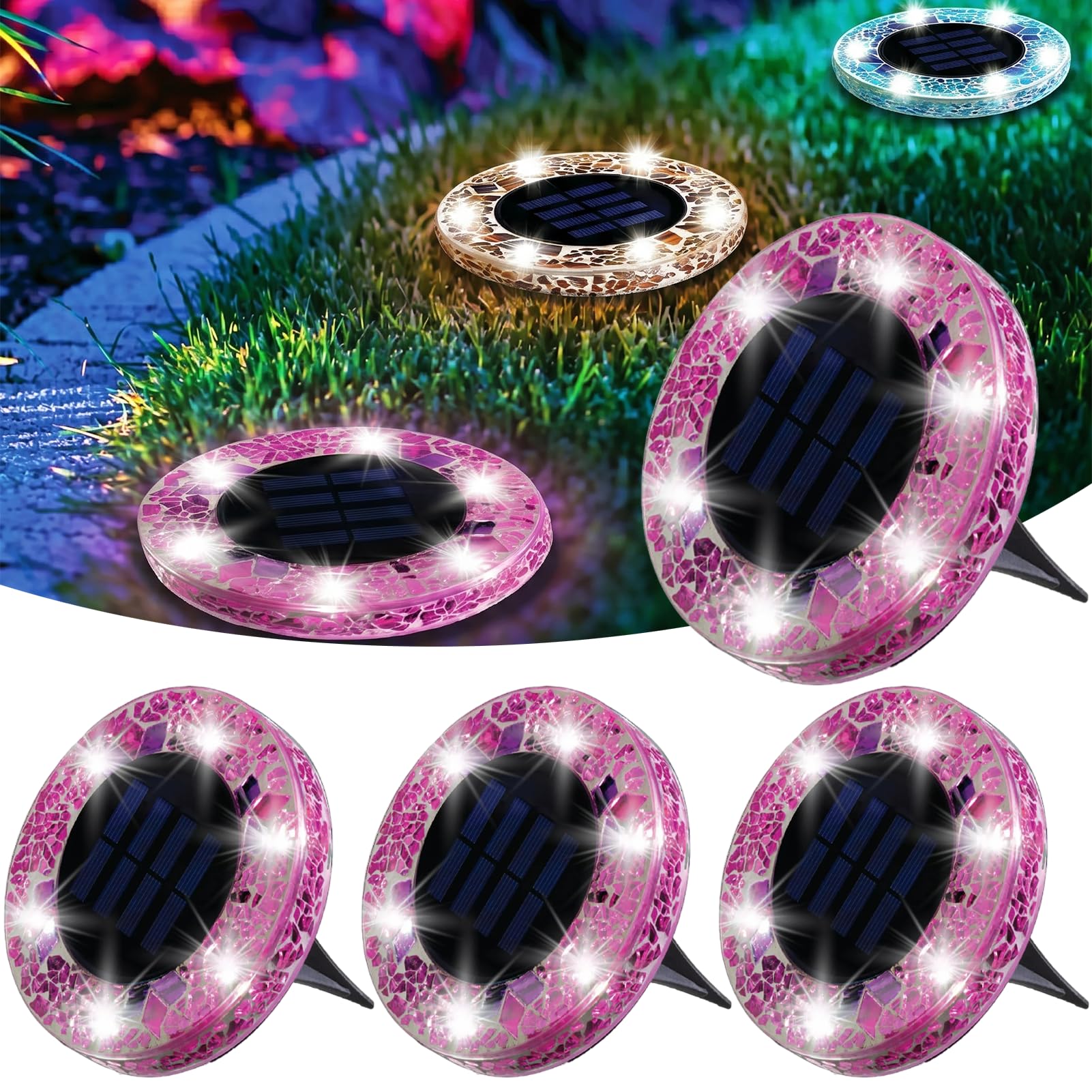 Mosaic Solar Disk Light, 4 Pack Mosaic Solar Lights Outdoor, Flat Solar Lights Waterproof, Anti-Rust Garden Lighting Decor for Pathway Garden Yard Lawn Walkway Landscape Driveway (4 Pack Purple)