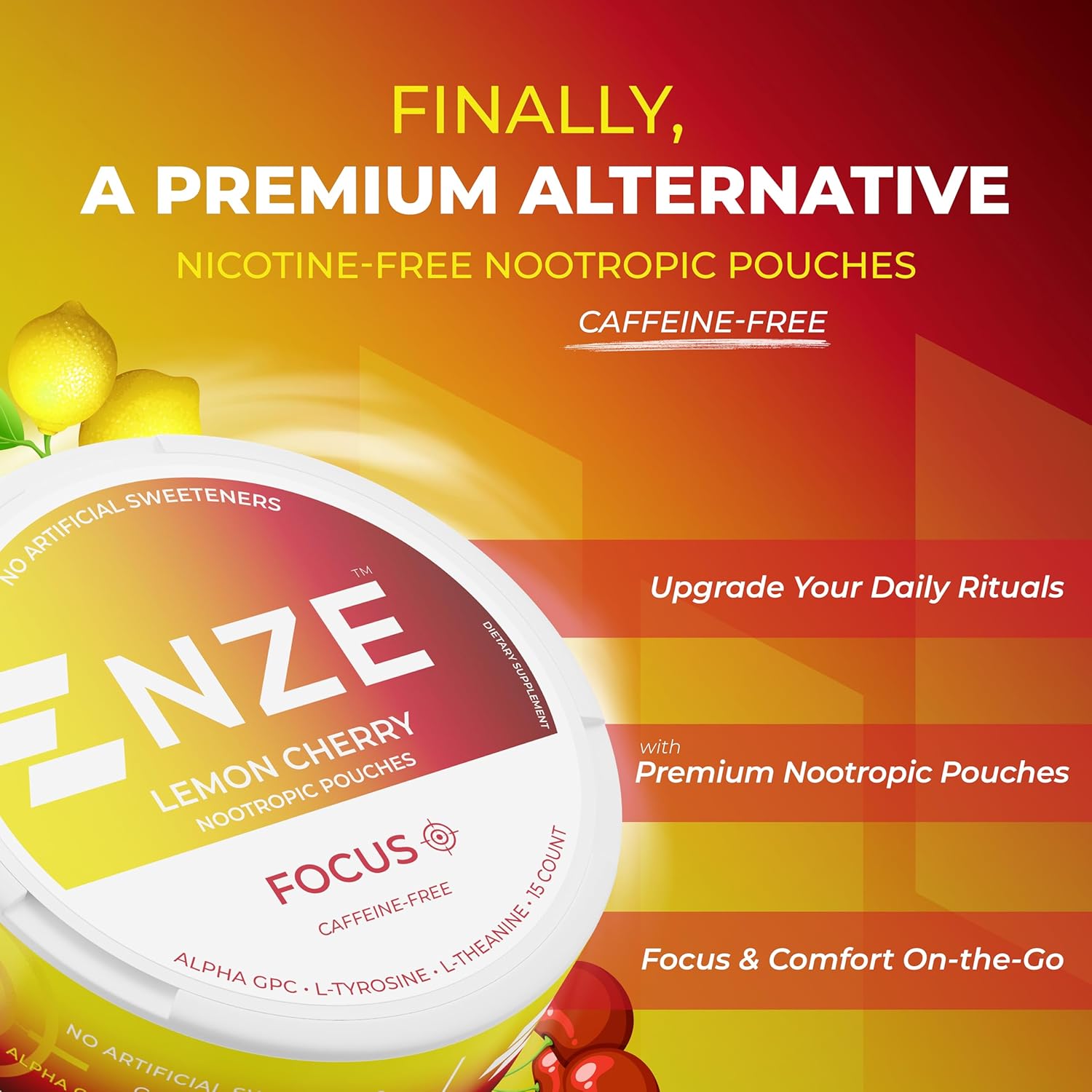 NZE Caffeine Free Nootropic Pouches (Lemon Cherry) - Nootropic Pouches with Alpha GPC, L-Tyrosine & L-Theanine - No Sugar or Artificial Sweeteners - 15 Pouches Per Can - 5 Pack - Image 2