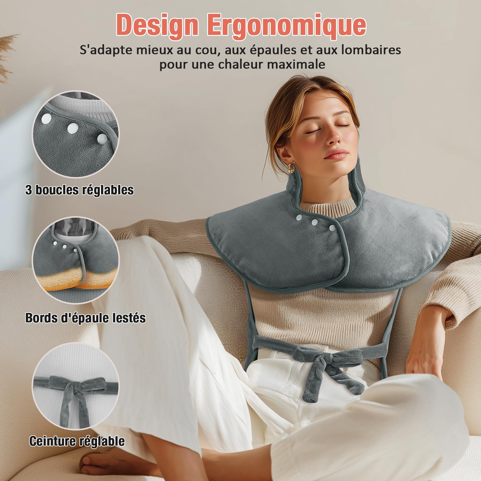MYCARBON Coussin Chauffant Électrique pour Dos Épaules Nuque Coussin Chauffant Cervicales 60x100cm Arrêt Automatique 6 Températures 4 Timer avec Contrôleur Chauffage Rapide Lavable en Machine, Gris