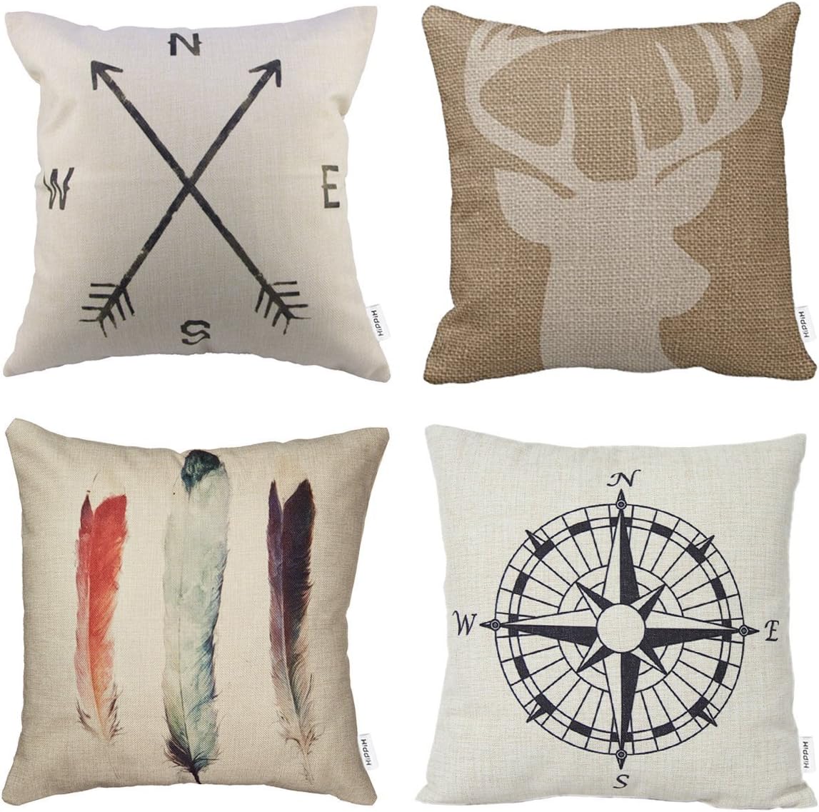 HIPPIH 4 Packs 18 X 18 in Pillow Covers, Cotton Linen Sofa Home Decor Design Throw Pillow Case Cushion Covers,1x Deer Antlers + 1x Feathers + 1x Compass + 1x Navigation Compass