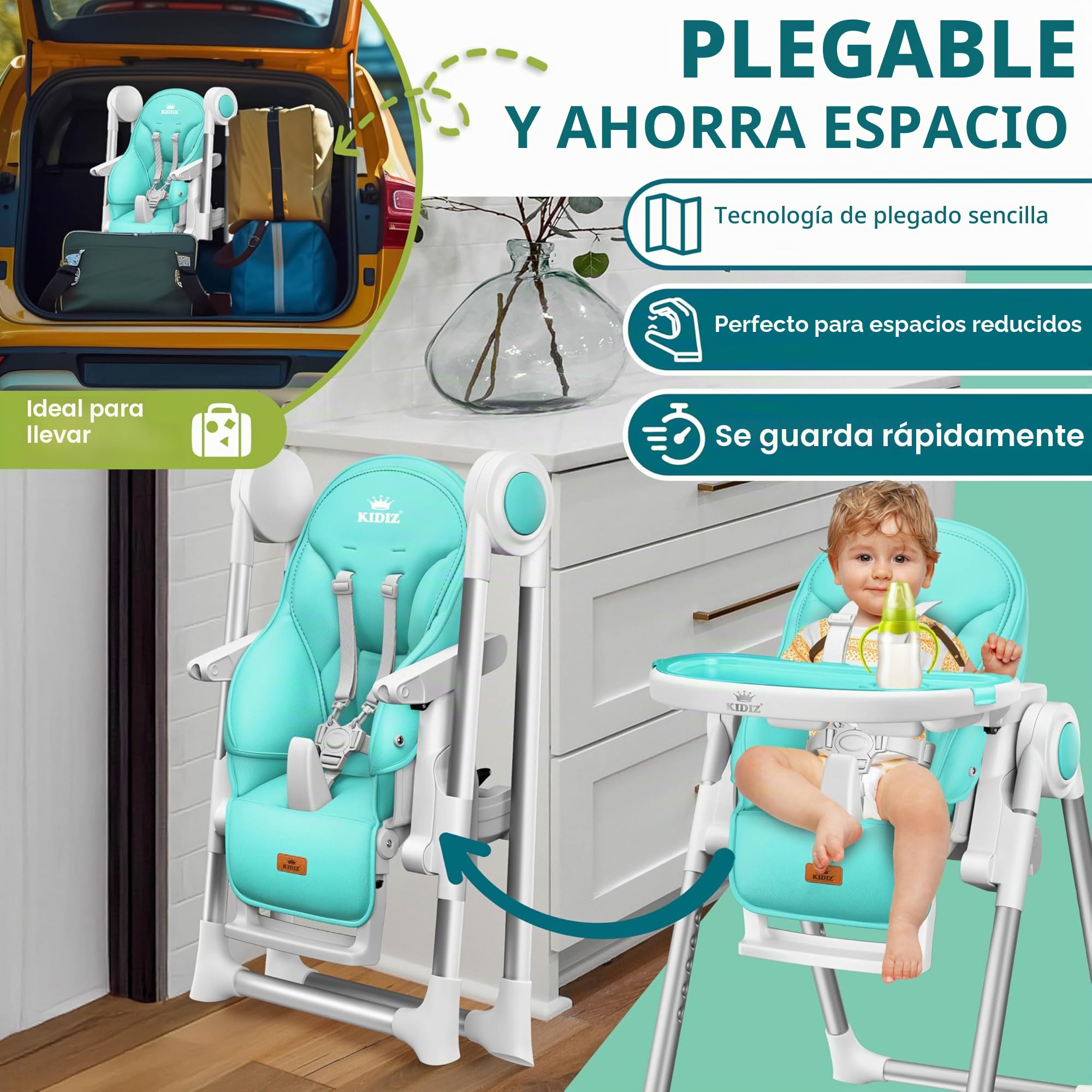 KIDIZ Trona 3 en 1, incluye barra de juegos y tumbona para bebé, asiento alto regulable 7 alturas, respaldo ajustable 0-36 meses