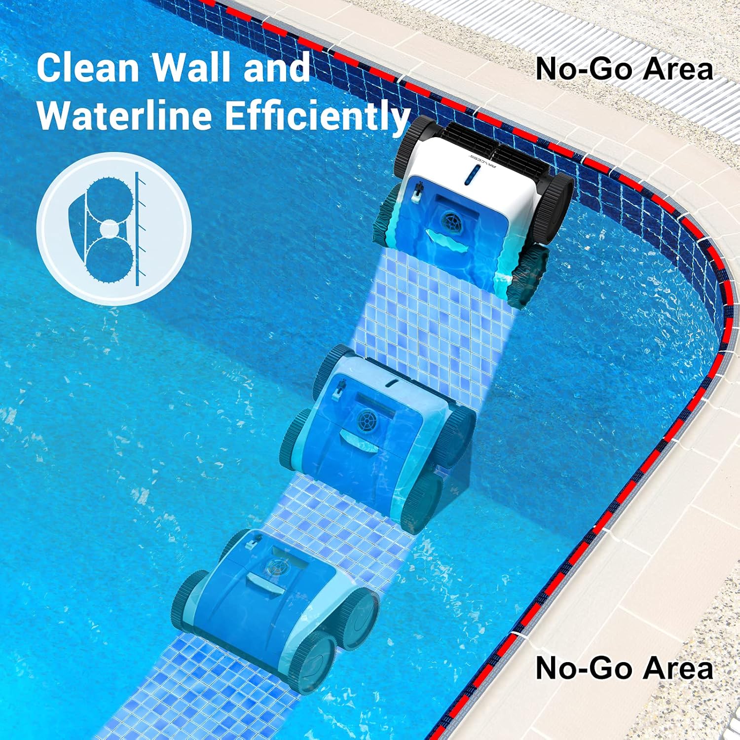 Robotic pool cleaner cleaning pool wall and waterline