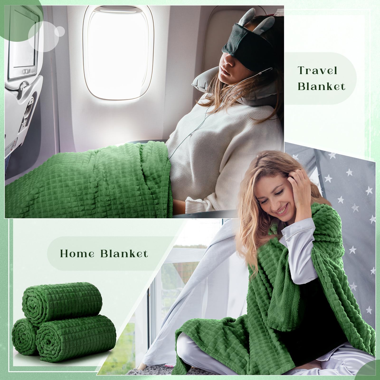 Buryeah 12 coperte in pile di flanella, 127 x 152 cm, per matrimoni, design a griglia jacquard 3D, morbida e sottile, per divano, sedia, regali di donazione (verde scuro)
