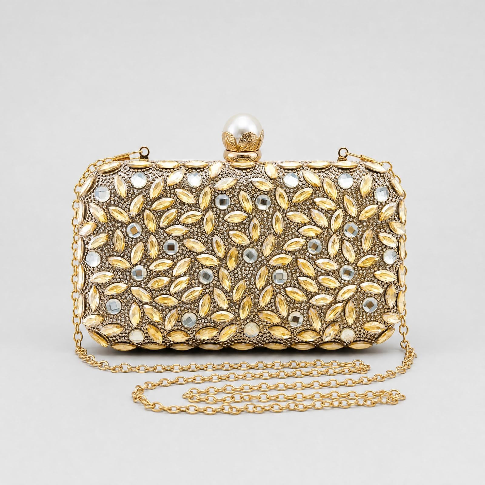 Clutch Rectangular Dorado con Pedrería Brillan Bolso Mano Estructurado con Adornos Cristales Distinguido para Bodas, Cenas Formales