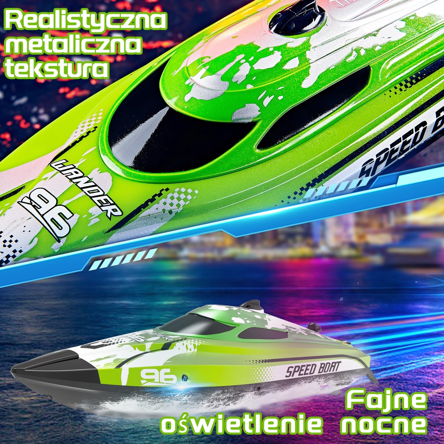 Zdalnie sterowana łódź od 6–8 lat, 25 km/h, łódź RC z oświetleniem LED, regulowana łódź wyścigowa 2,4 GHz, 2 baterie do 40 minut zabawy, zdalnie sterowana łódź wyścigowa dla dorosłych i dzieci